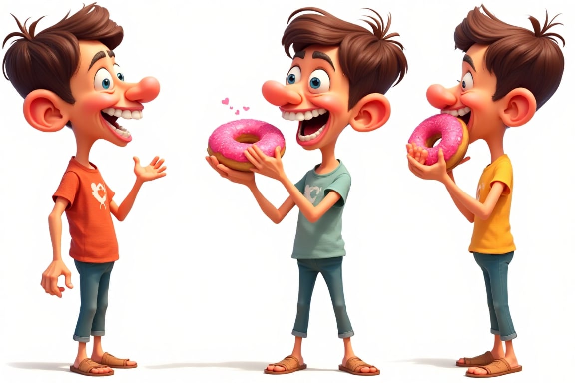 A vibrant caricature of Bob, a boy with a wide smile revealing exaggeratedly teeth, holding a pink donut in his hand. The scene with bold, exaggerated features and playful, cartoonish style. pose lively and expressive.  sheet. multiple views. expressive poses