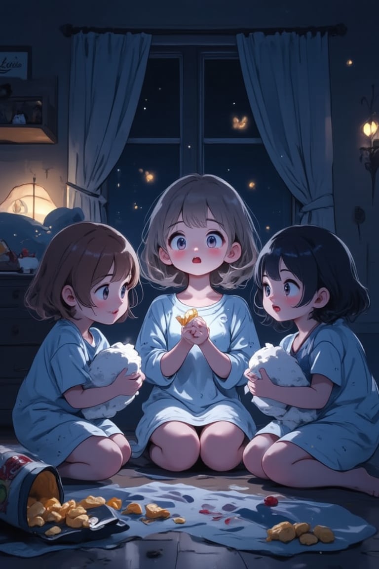 score_9, score_8_up, masterpiece, cute, anime, chibi, 3 girls(different hair colors and styles) kneeling on the ground in a dark bedroom. 1girl(holding a flashlight under her face to illuminate her face, suspenseful look, face illuminated from below, mouth open as if telling a story,nightgown) is telling a spooky ghost story to 2 other girls who are clutching pillows. They are all wide-eyed because of the scary story. The background is a dark girl's room at night during a sleepover. an open bag of potato chips and candy wrappers are on the ground near them.