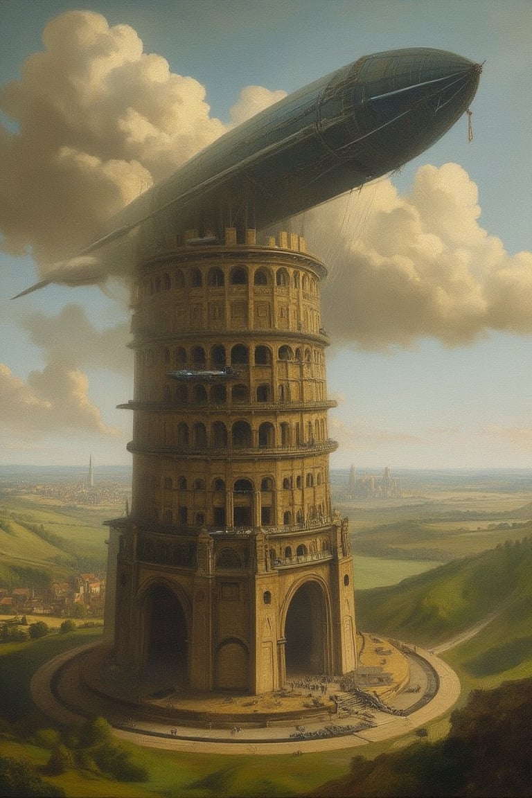 Bruegel-style painting of the Tower of Babel. Massive, spiraling structure dominating landscape. Intricate architectural details, arches, windows. Warm earth tones, beige and brown stonework.

Surrounding scene: Lush green landscape, distant hills, cloudy sky.

New element: Enormous floating zeppelin above circle tower. Sleek, futuristic design, hovering platforms. Zeppelin is porting to the top of tower. Emits soft blue glow.

Style: Maintain Bruegel's meticulous detail and panoramic view. Blend futuristic machine seamlessly into composition, as if always part of the scene.

Lighting: Soft, diffused light on tower and landscape. Subtle highlights on floating zeppelin to emphasize otherworldly presence.

Mood: Juxtaposition of biblical legend and advanced technology creatin,oil-on-canvas style of classic painting,AbmoilPainting