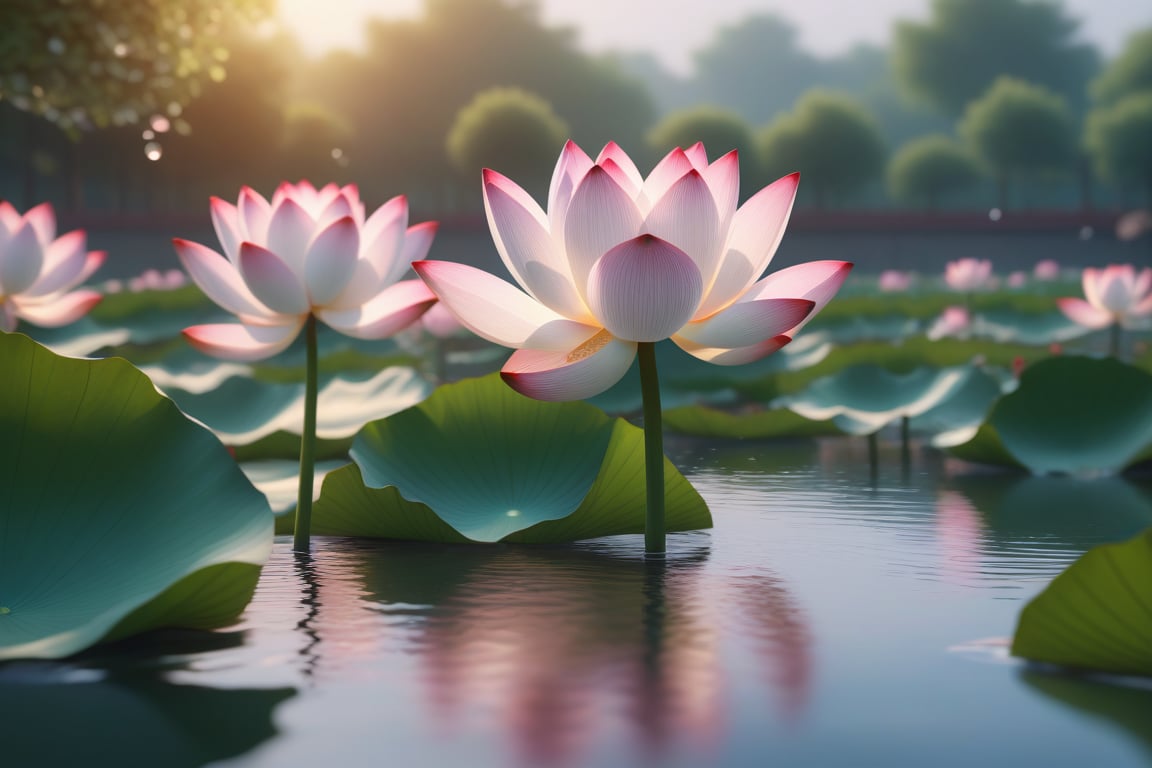 heyun, Depth of Field, Lotus, Outdoor, Reflection, Water, Landscape, Landscape,(masterpiece:1.2),best quality,highres,extremely detailed CG,perfect lighting,8k wallpaper