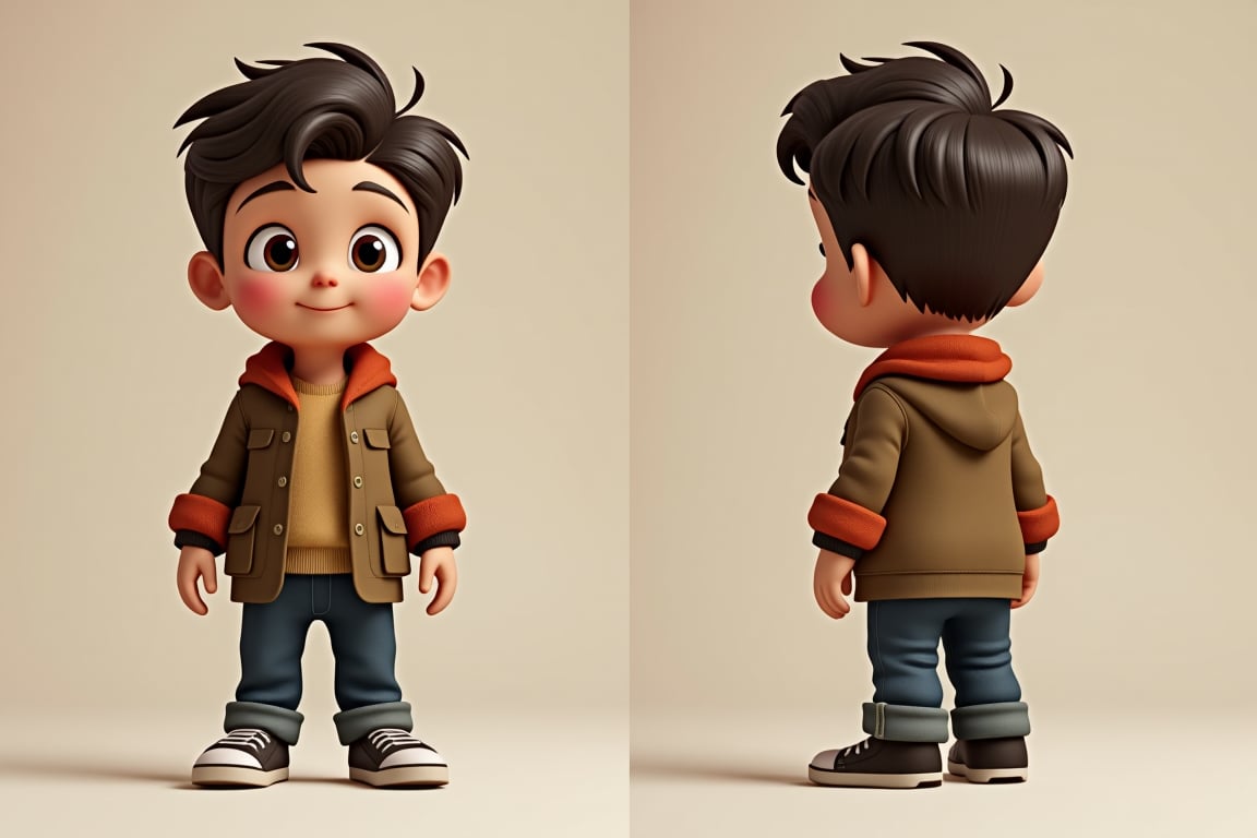 Beauty, 3D render, play of shadow and light. Cute cartoon boy , Disney style, character sheet, front view, half-side view, half-back view
