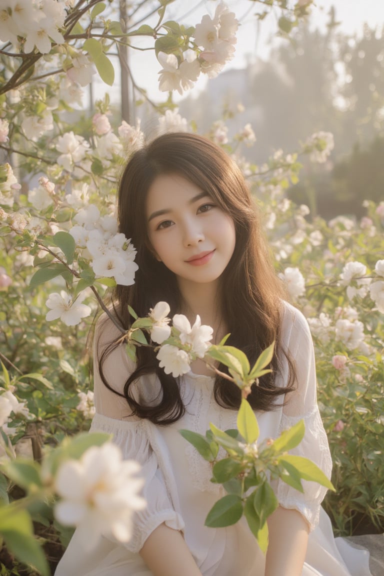 A serene and idyllic scene unfolds as a lovely asian girl sits poised on flower garden, surrounded by pear blossoms. The camera captures her gentle smile and playful pose, with the pear blossoms framing her features. Soft, warm sunlight filters through the misty air, casting a soft glow over the tranquil setting.