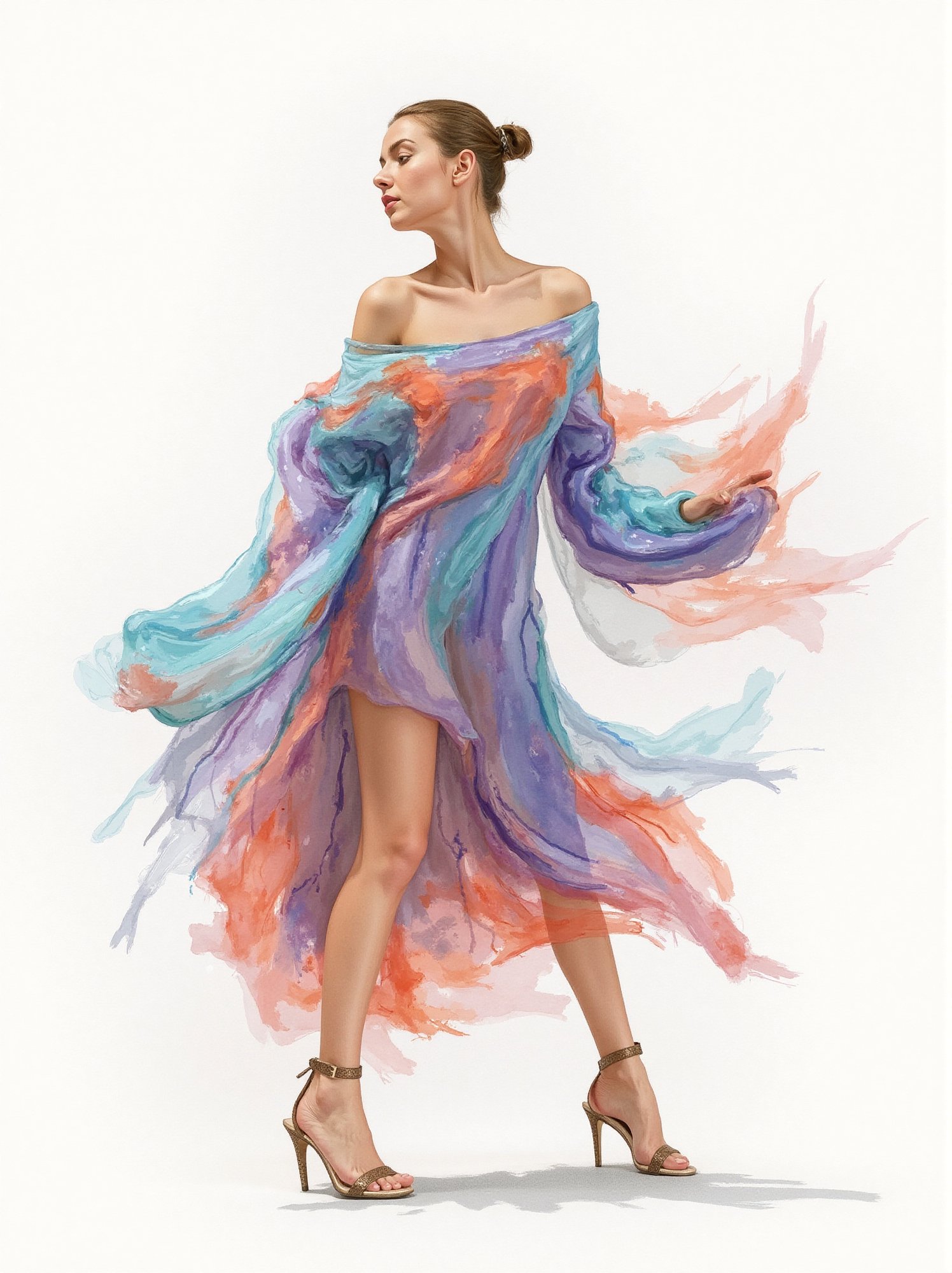 A stunning illustration of a young alluringly beauty woman standing gracefully, wearing an oversized sweater with one shoulder exposed, rendered in the bold, textured brushstrokes of Leonid Afremov combined with the fluidity of ink washing. The sweater is painted vibrant colors, cyan, purples, coral and oranges, sweeping fabric is caught in the wind, swirling around her in expressive, high contrast, thick strokes of paint. The flowing material dances through the air, creating a sense of dynamic motion and energy. The vibrant ink brings a subtle, ethereal quality to the swirling fabric, blending into soft, flowing gradients.The background is minimal, allowing the vibrant sweater and soft ink washes to stand out, as the combination of the great artist Afremov’s energetic style

