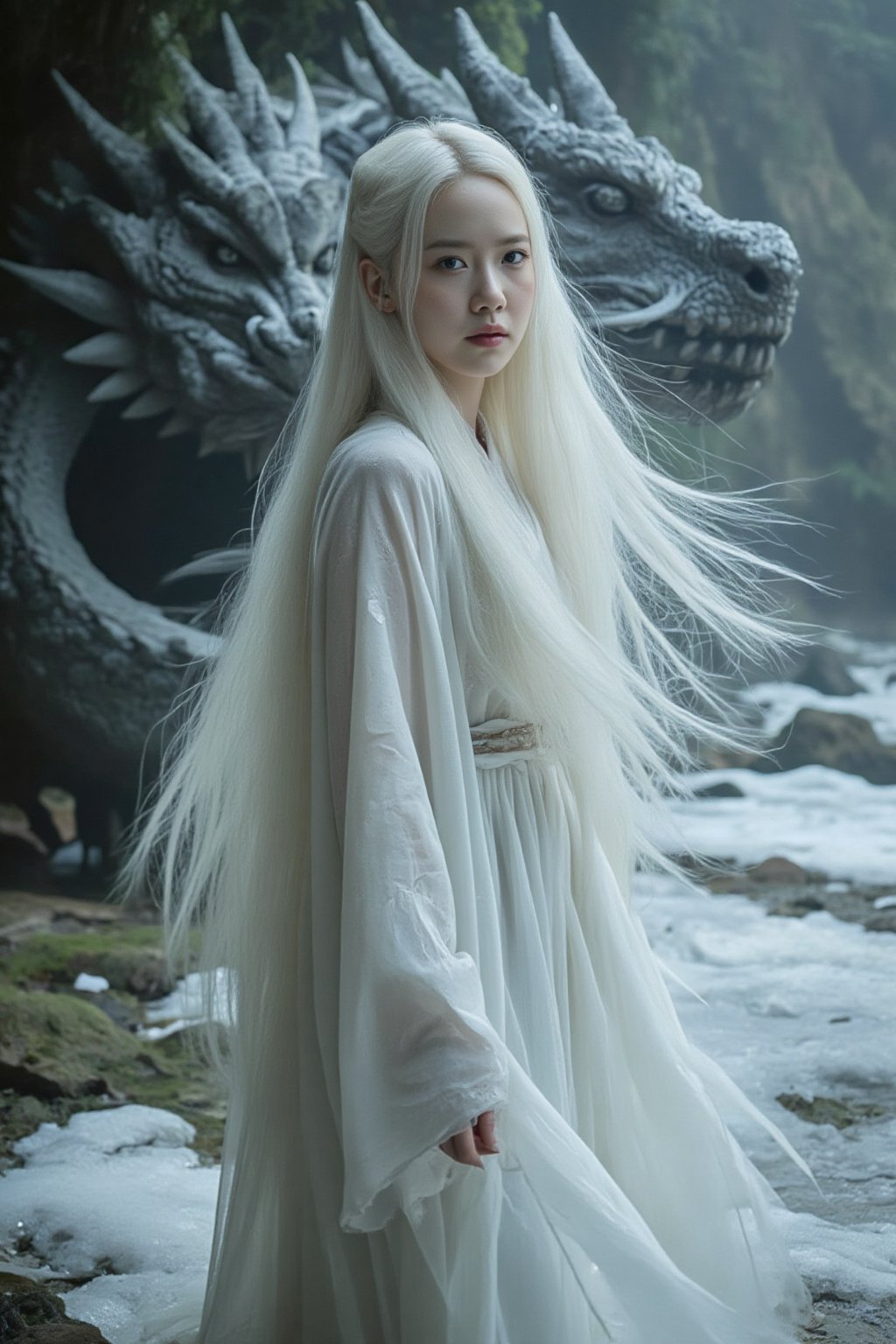 An alluring side photograph of a 22-year-old gorgeous woman with fair skin, beautiful eyes, long white hair spreading against the gust wind, living in a cave, a celestial being, a gigantic Chinese dragon behind her, in the style of an epic fantasy movie still, beautiful scenery of a Chinese fairy tale, misty with glittering white snow covering the ground, graceful figures.