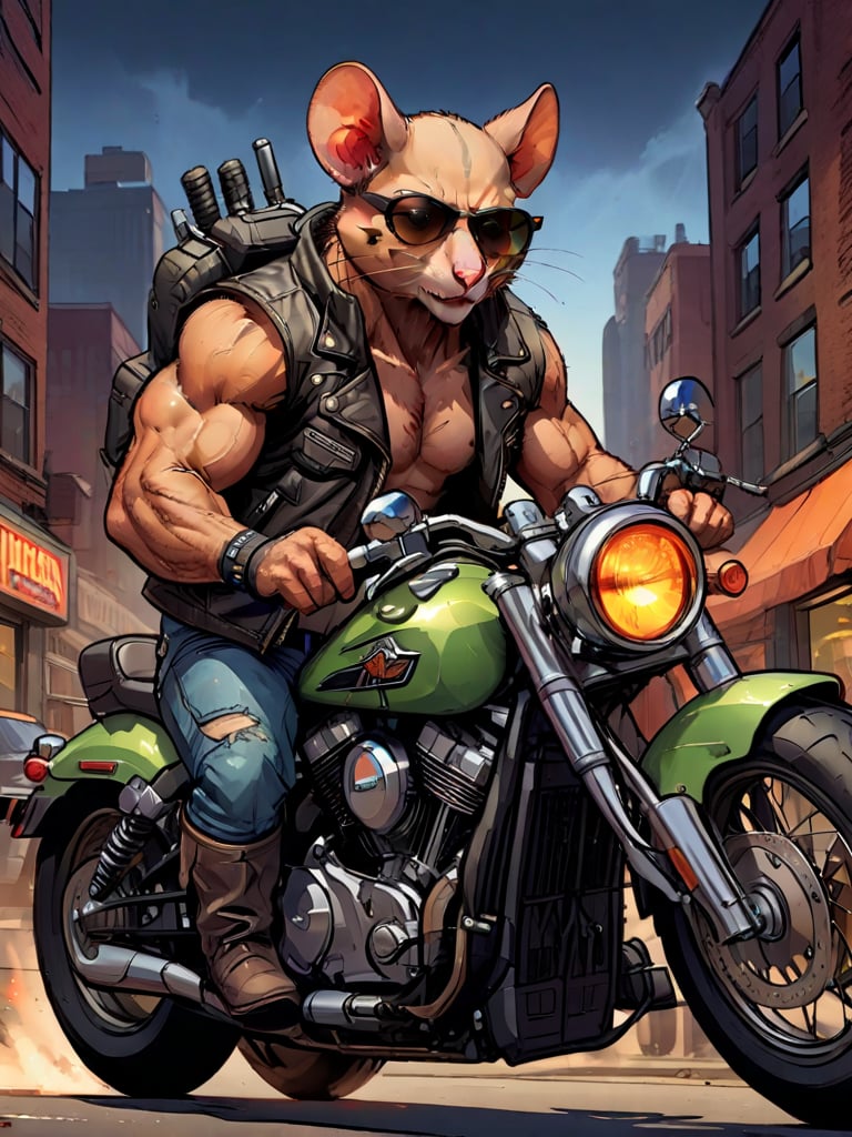 A muscular brown rat with an anthropomorphic physique wears a leather vest,  two alien antennas on head,  sunglasses with...