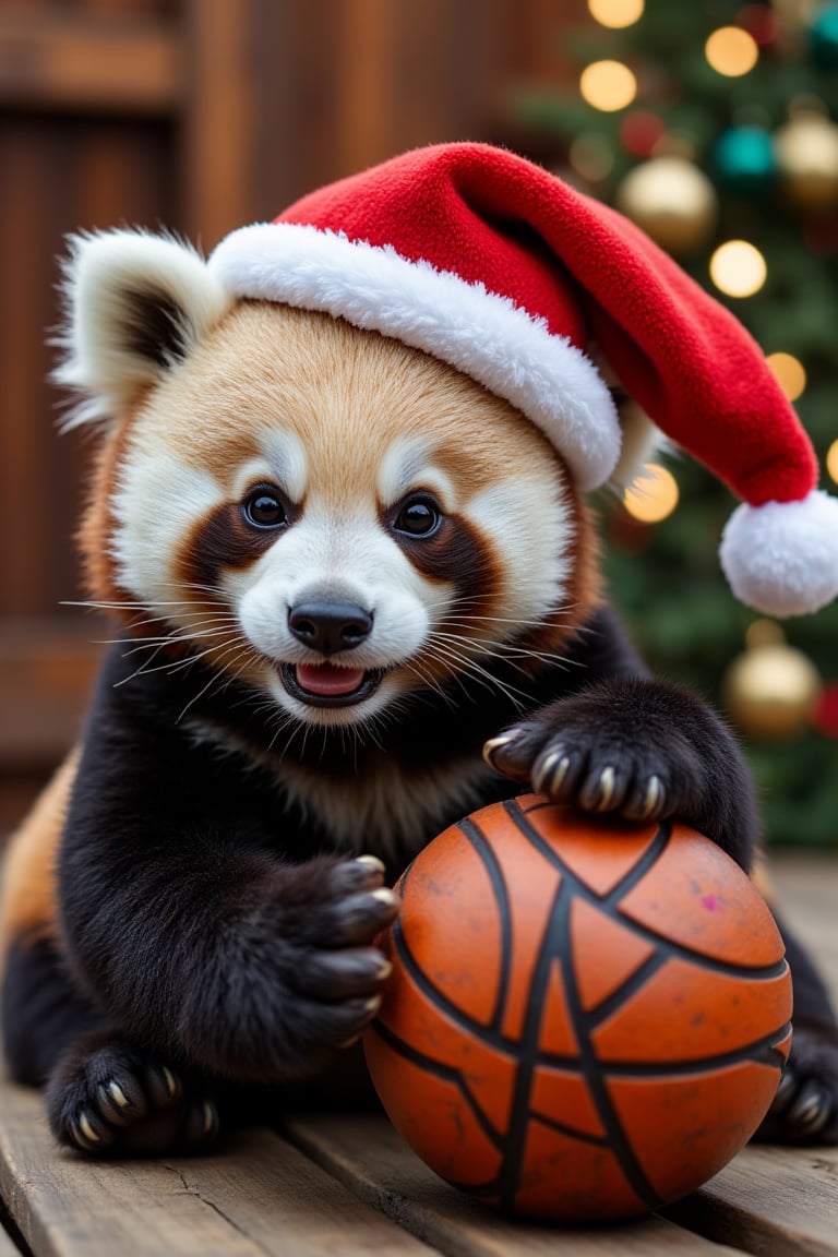 uhd, 8k, high quality, A panda in a hat with a pompom, playing with a Christmas bal, aidmaRealisticPeoplePhotograph