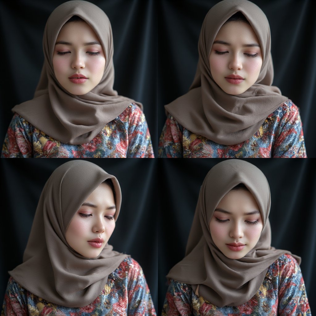 A photo grid of a Malay woman in hijab and baju kurung expressing four emotions: anger, sulking, sadness, and happiness.
Spontaneous, candid, natural 

Aperture: f/2.8, --ar 16:9 
shutter speed: 1/200, ISO: 100.
Camera: Canon EOS 5D Mark IV,(best quality, 4K, 8K, high-resolution, masterpiece), ultra-detailed, best detailed, details, skin detailed, photorealism, photorealistic, intricate, elegant, highly detailed, insane details, intricate details, hyper detailed