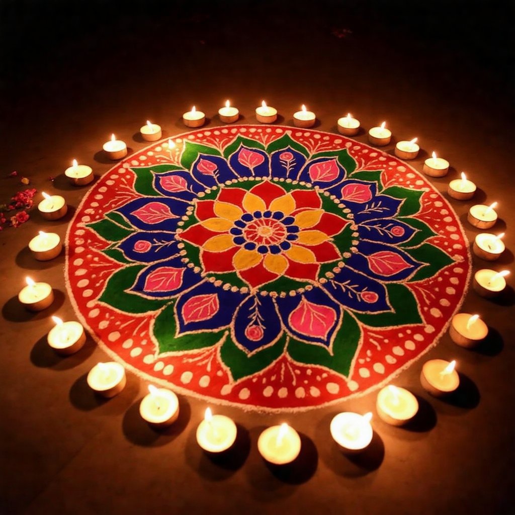 Beautiful, intricate Rangoli design on the ground, composed of vibrant colors like red, blue, green, and yellow, all set against a dark, serene night background. The scene is softly illuminated by warm, flickering candlelight arranged around the Rangoli, casting gentle shadows that enhance the colors and patterns. Surrounding area is dimly lit, creating an ambiance of tranquility and celebration. The Rangoli is adorned with delicate floral and geometric shapes, radiating a warm, festive glow under the candlelight in the peaceful night