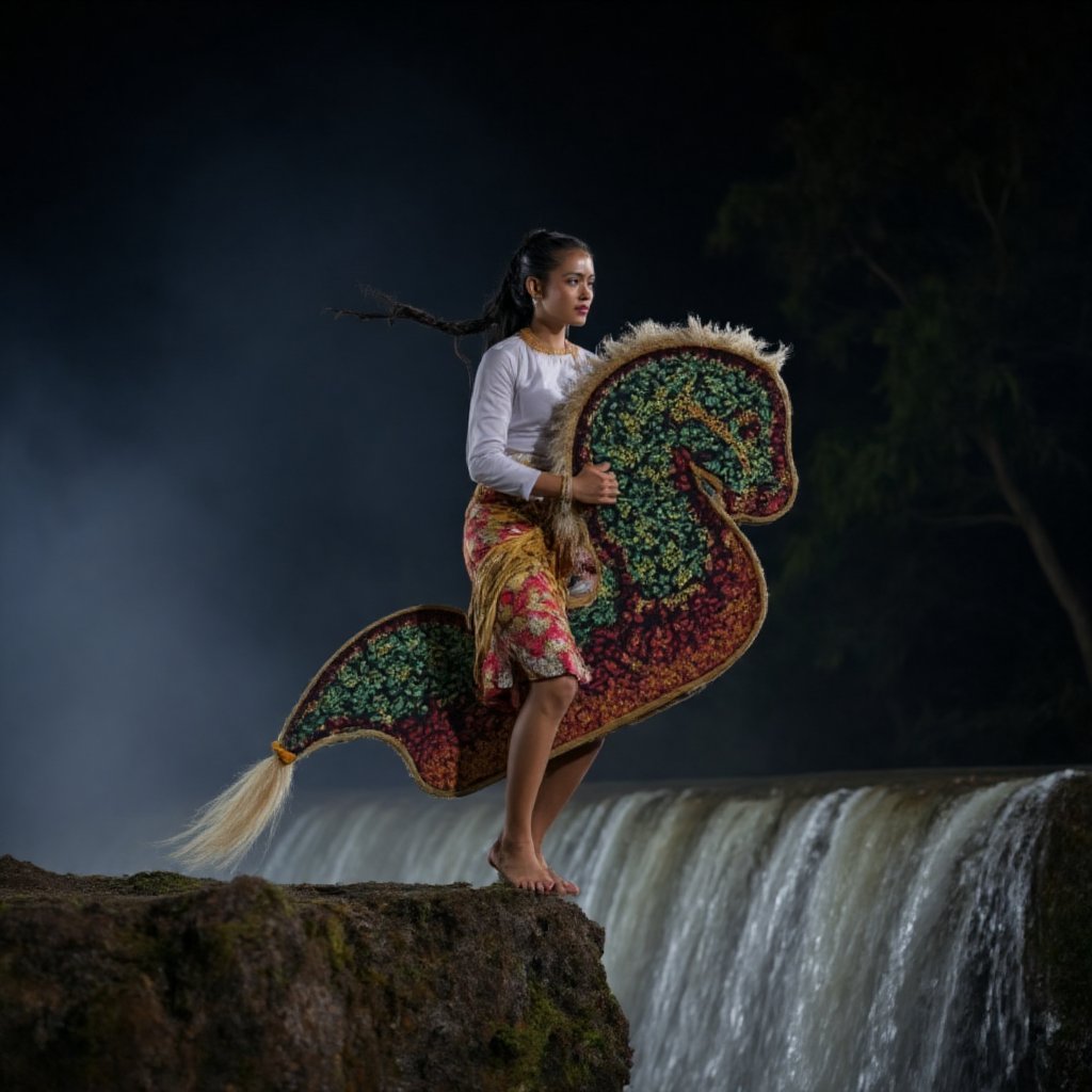 Capture the raw emotion of a young woman with long braided hair in white Javanese traditional attire riding a flying high maroon kepang with batik pattern shimmers with the ethereal glow of  green lines, her face a mask of quiet intensity, as she flying on air above a misty rock overlooking a waterfall. The night is silent, allowing her to connect with the primal energy of the water. Kepang. 