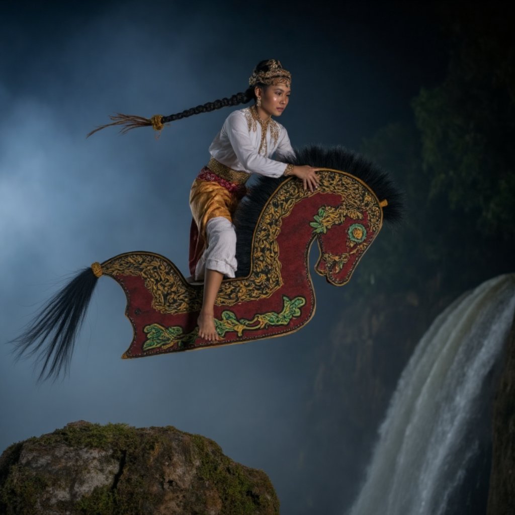 Capture the raw emotion of a young woman with long braided hair in white Javanese traditional attire riding a flying high maroon kepang with batik pattern shimmers with the ethereal glow of  green lines, her face a mask of quiet intensity, as she flying on air above a misty rock overlooking a waterfall. The night is silent, allowing her to connect with the primal energy of the water. Kepang. 