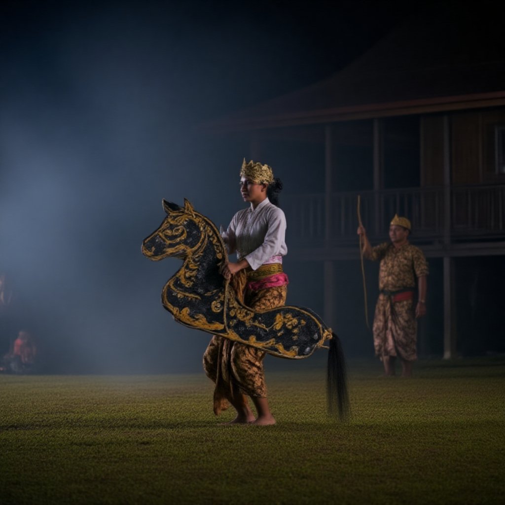 Capture the raw emotion of a young woman in white Javanese traditional attire riding kepang, her face a mask of quiet intensity, as she stands on a misty rock overlooking a waterfall. The night is silent, allowing her to connect with the primal energy of the water. Kepang. 