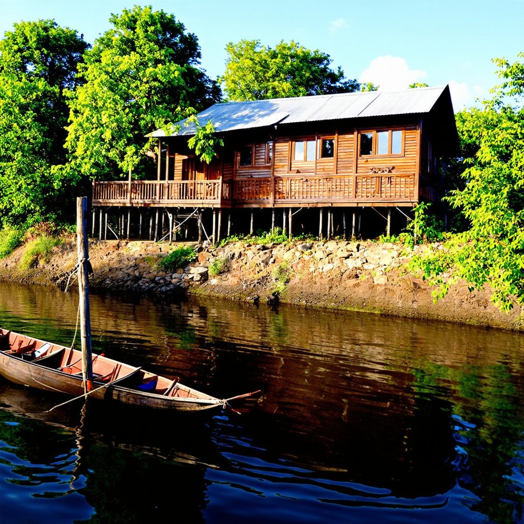 A realistic panoramic view of A traditional Malay wooden house stands gracefully by a calm riverside, surrounded by lush greenery. The houses, raised on sturdy stilts, features intricate wooden carvings on its windows and doors, with a small verandah extending towards the river. Near the water's edge, a wooden sampans rests gently, tied to a wooden post. The scene is peaceful, with reflections of the house and trees rippling in the river, giving a sense of timeless rural life.real alamy, perfect anatomy, perfect image 