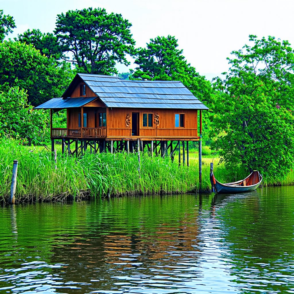 A realistic panoramic view of A traditional Malay wooden house stands gracefully by a calm riverside, surrounded by lush greenery. The houses, raised on sturdy stilts, features intricate wooden carvings on its windows and doors, with a small verandah extending towards the river. Near the water's edge, a wooden sampans rests gently, tied to a wooden post. The scene is peaceful, with reflections of the house and trees rippling in the river, giving a sense of timeless rural life.real alamy, perfect anatomy, perfect image 