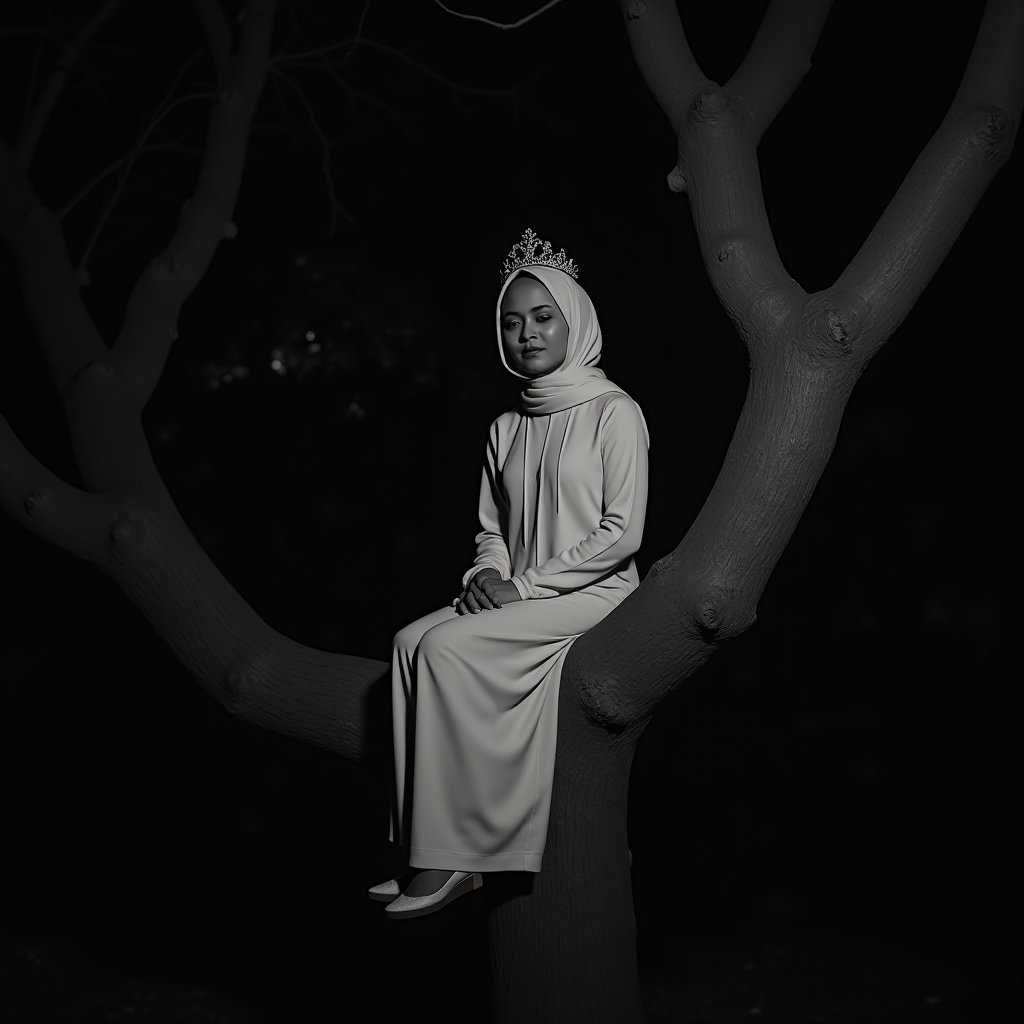 The image is a black and white photograph taken at night. It shows a female figure seated from a tree branch. The figure is wearing a white baju kurung,tiara, hijab and is almost invisible against the dark wooden palace background. The branches of the tree are in thr forest, creating a sense of isolation and loneliness. The overall effect is unsettling. The image evokes a sense of mystery, leaving the viewer to ponder the story behind it. It is a powerful image that stirs the imagination and stays with the viewer long after they have seen it.

