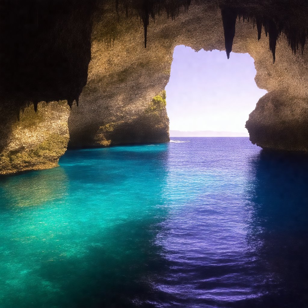 Inside a majestic sea cave, the view opens up to reveal turquoise waters shimmering under natural sunlight streaming through an opening above. Jagged rock formations rise from the cave floor and walls, some covered with green moss, creating a dramatic contrast with the deep blue hues of the water. The reflections dance on the cave's stone walls, casting a mystical glow. In the distance, the mouth of the cave frames a serene view of the ocean, where gentle waves lap against the rocks, blending the peaceful ambiance of the cave with the beauty of the open sea. Real alamy,perfect anatomy. 