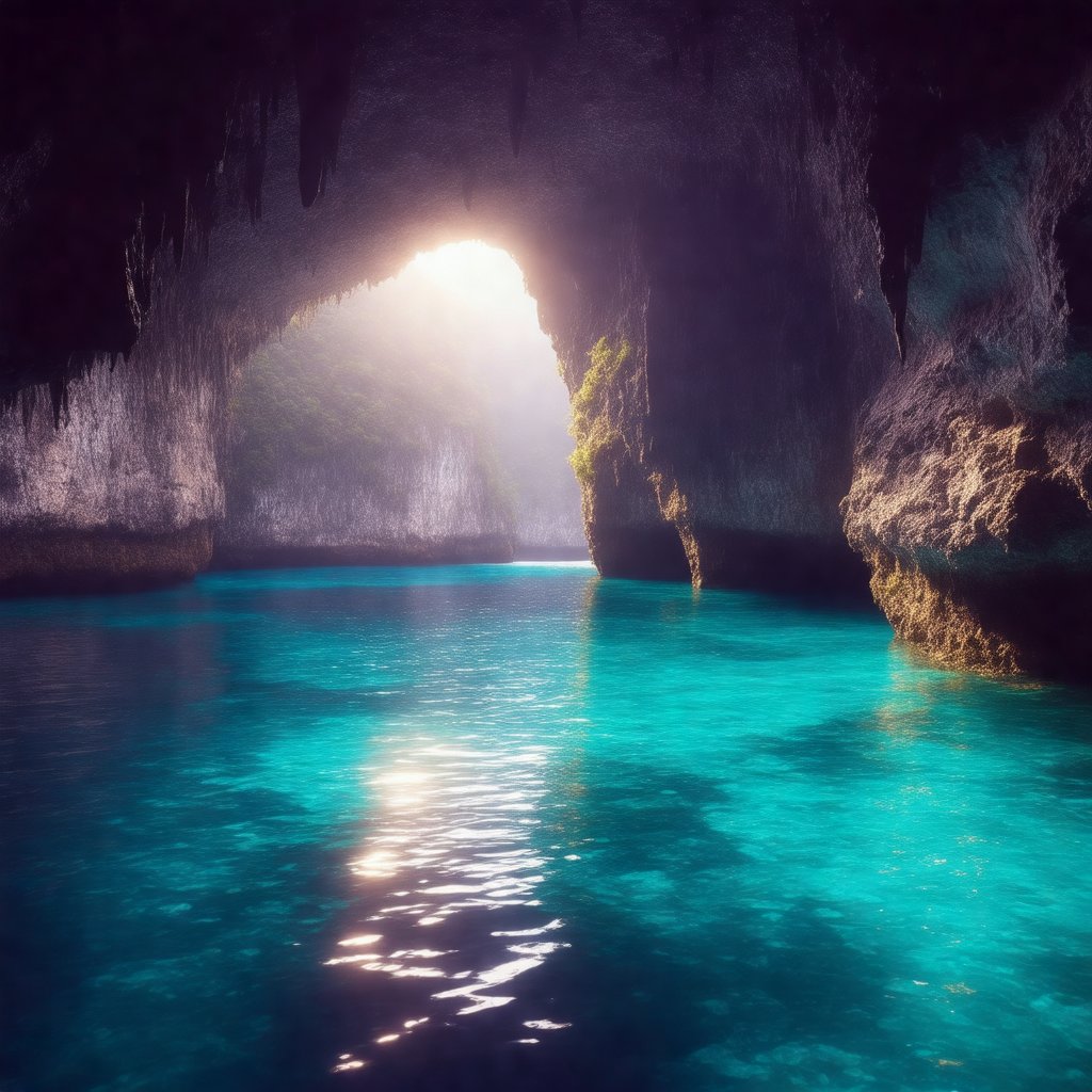 Inside a majestic sea cave, the view opens up to reveal turquoise waters shimmering under natural sunlight streaming through an opening above. Jagged rock formations rise from the cave floor and walls, some covered with green moss, creating a dramatic contrast with the deep blue hues of the water.Sampan, The reflections dance on the cave's stone walls, casting a mystical glow. In the distance, the mouth of the cave frames a serene view of the ocean, where gentle waves lap against the rocks, blending the peaceful ambiance of the cave with the beauty of the open sea. Real alamy,perfect anatomy. 