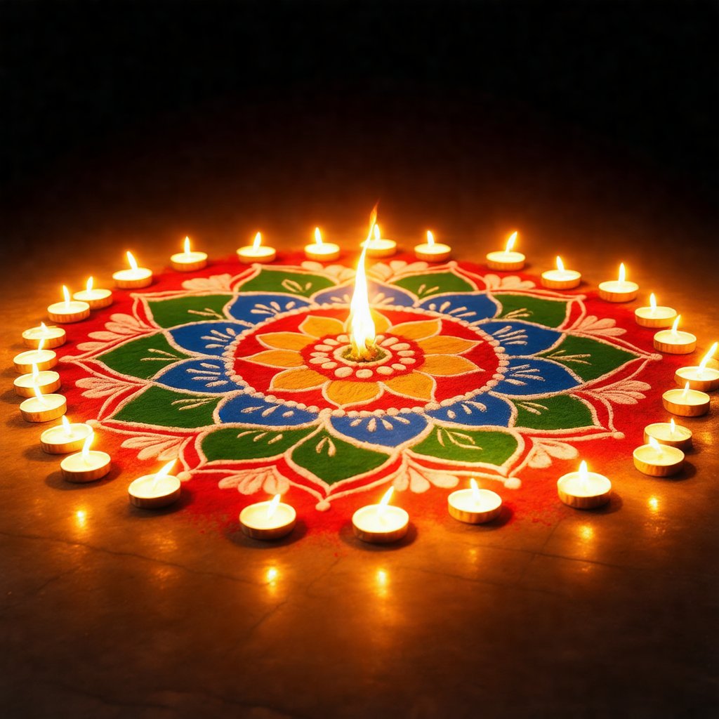 Beautiful, intricate Rangoli design on the ground, composed of vibrant colors like red, blue, green, and yellow, all set against a dark, serene night background. The scene is softly illuminated by warm, flickering candlelight arranged around the Rangoli, casting gentle shadows that enhance the colors and patterns. Surrounding area is dimly lit, creating an ambiance of tranquility and celebration. The Rangoli is adorned with delicate floral and geometric shapes, radiating a warm, festive glow under the candlelight in the peaceful night