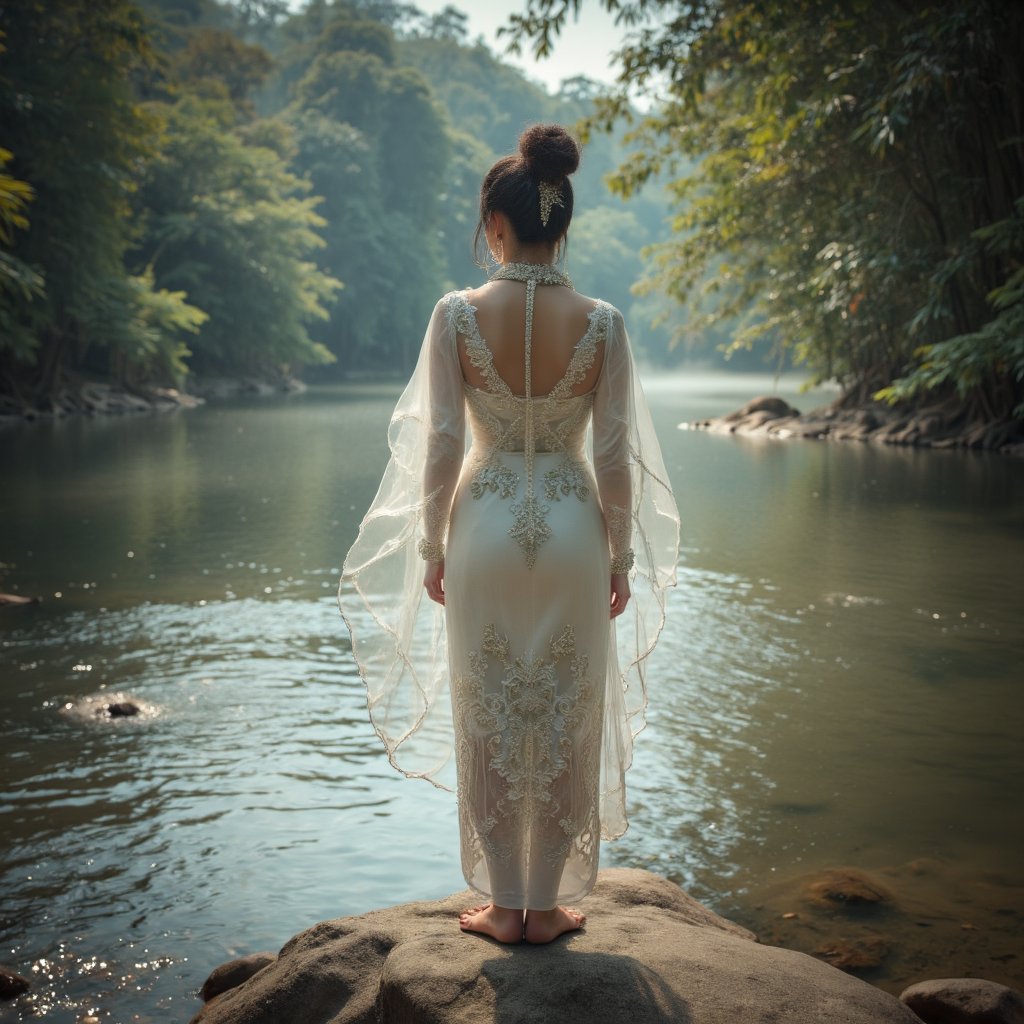 Traditional Malay woman, standing on rock, back view, hair bun, long neck, noble jewelry, baju kurung kebaya, white dress, transparent veil, embroidery, barefoot, polite body contour, perfect body ratio, tropical river, lush greenery, fantasy setting, mysterious, bunian, folklore, thin fog, ethereal ambiance, halftone, sepia color effect, high resolution, detailed.

Aperture: f/2.8, --ar 16:9 
shutter speed: 1/200, ISO: 100.
Camera: Canon EOS 5D Mark IV,(best quality, 4K, 8K, high-resolution, masterpiece), ultra-detailed, best detailed, details, skin detailed, photorealism, photorealistic, intricate, elegant, highly detailed, insane details, intricate details, hyper detailed