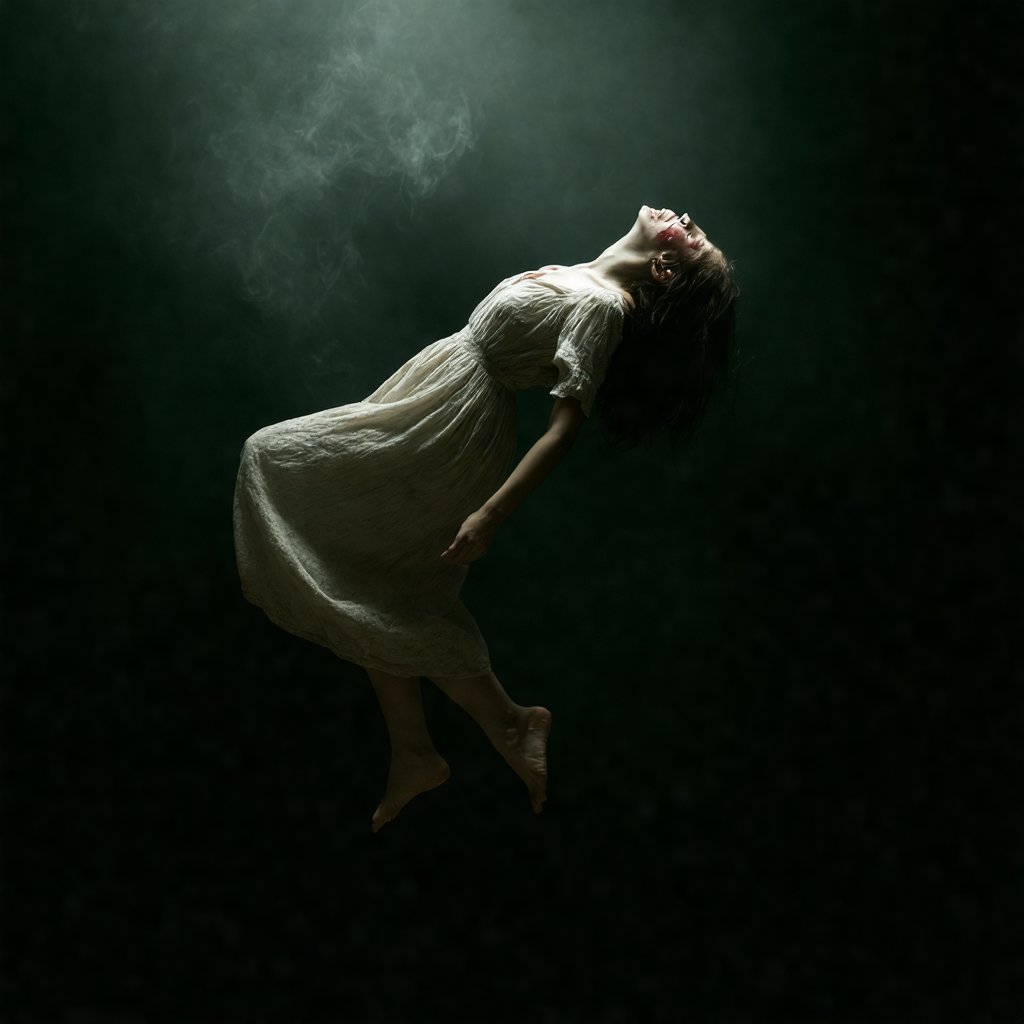 "A woman in polite dress falling from an unclear height, her body suspended in a moment of surrender.in the air, She covers her eyes, tear stains still marking her cheeks, conveying a sense of calm resignation. Her expression is void of fear, as if she has accepted everything that led her here. The background is dark and somber, mysterious and filled with sadness, accentuating her sense of solitude and despair. A faint, ethereal glow outlines her figure, contrasting with the surrounding shadows, capturing the stillness in her fall, real alamy, perfect anatomy, perfect image 