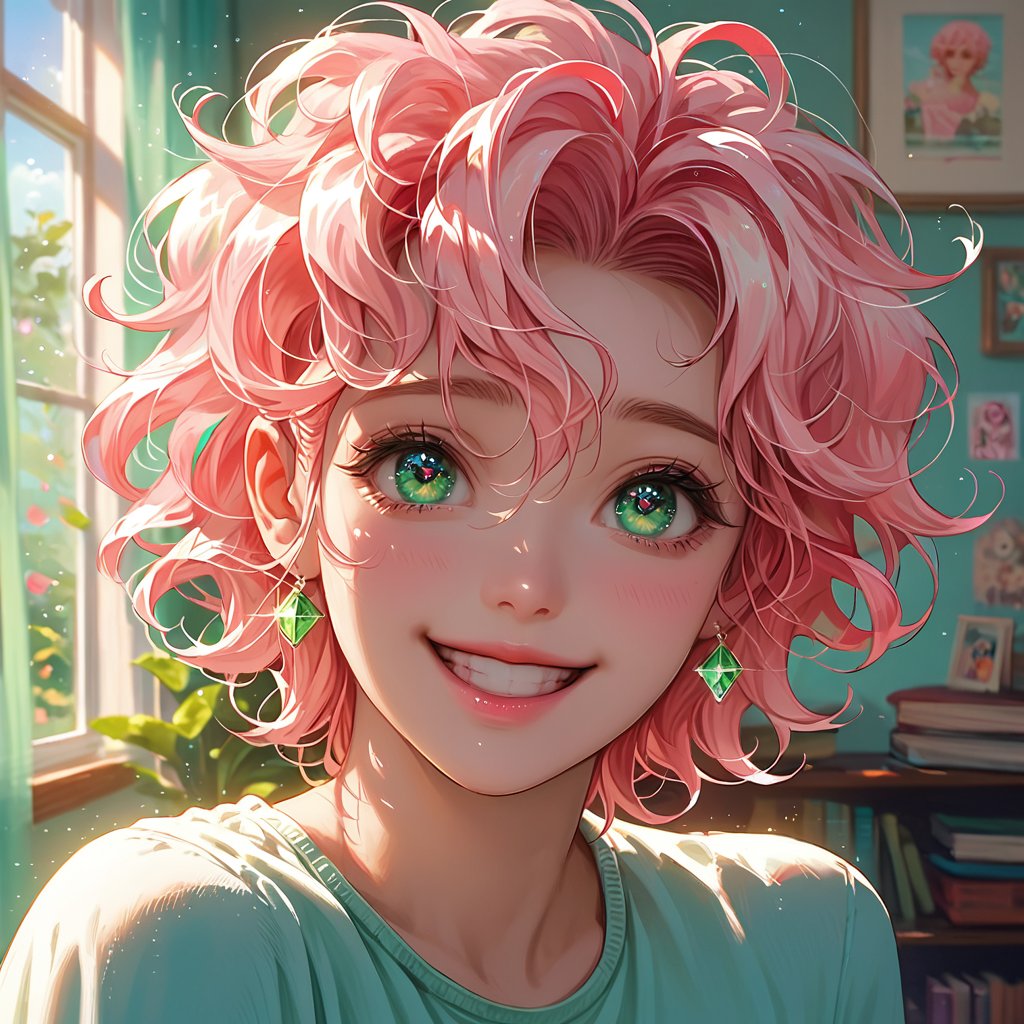 score_9, score_8_up, score_7_up, score_6_up, score_5_up, score_4_up, source_anime, detailed illustration, 8K UHD, beautiful girl, closeup, looking at viewer BREAK green crystal eyes, crystal sparkling eyes, happy eyes, pink hair, shiny hair, silky hair, disheveled hair, rounded bob hairstyle, short hair, hair flying in breeze, hair between her eyes, straight hair BREAK pinkinsh soft lips, sad eyes, very happy, shiny skin, soft skin, loose hoddie, happy face, childish round face, BREAK  indoors, in a room, sunlight on her skin, 1girl, winner, face shining with joy