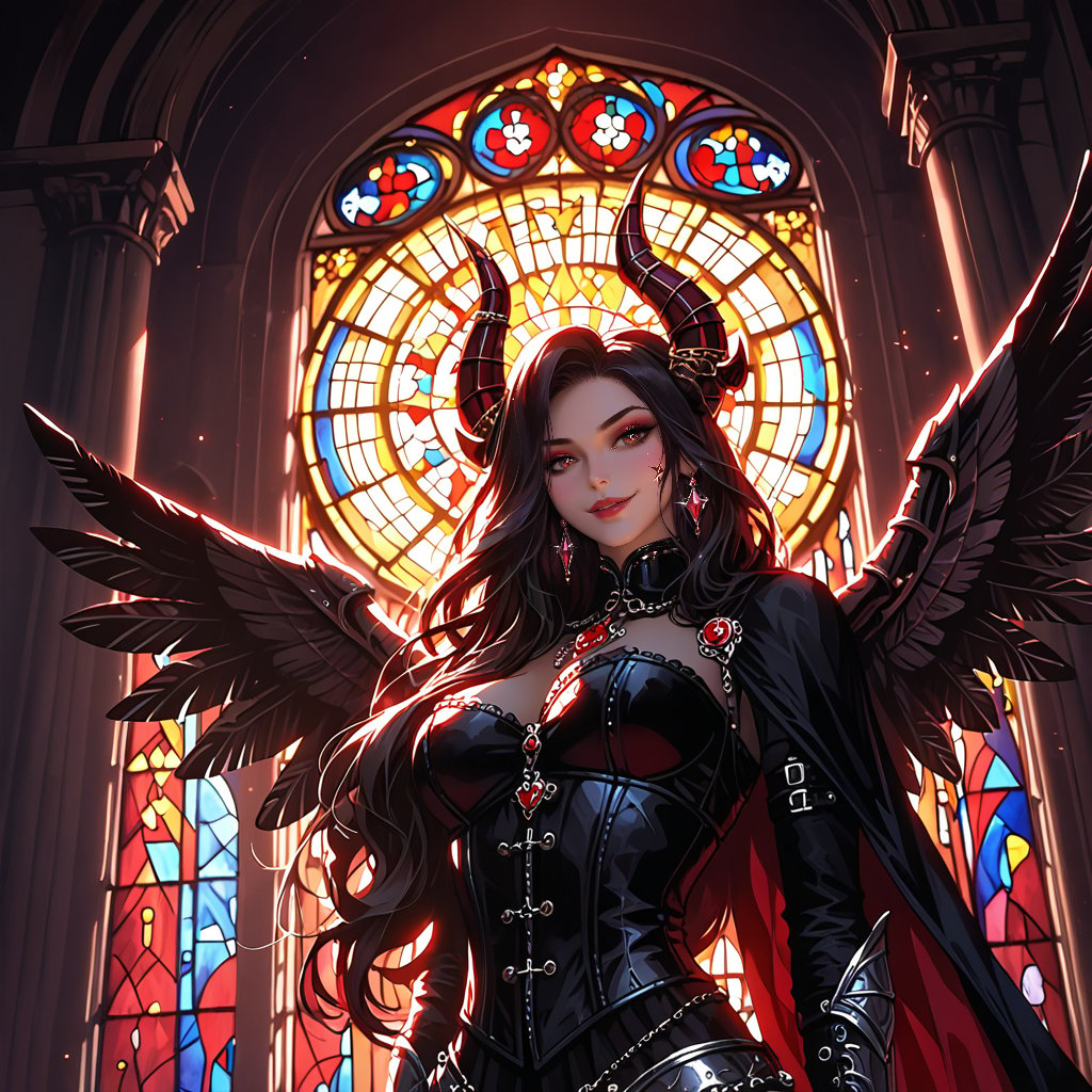 {exquisitely beautiful female demon:1.5}, (from the chest up), (set in a gothic church:1.2), (norman style stained glass windows:1.3), (highly detailed:1.7), (ultra-detailed:1.5), (detailed facial features:1.4), (intricate horns:1.2), ( red eyes:1.3), (long dark hair:1.1), (hair adorned with precious gemstones:1.1), (leather corset:1.1), (metallic embellishments:1.1), (flying wings:1.1), (gothic church architecture:1.1), (dark wooden pews:1.1), (ancient stone walls:1.1), (dramatic lighting:1.2), (golden hour:1.1), (warm backlighting:1.1), (wide-angle lens shot:1.1), (high resolution:1.1), (16k resolution:1.1), (masterpiece:1.7), (by Marat Safin:1.1),Thriller illustration