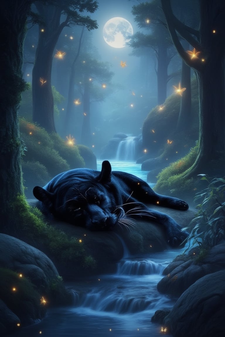 Ultra high definition illustration of a furry black panther cub sleeping peacefully in a magical forest, its black fur glistening under the moonlight. Surrounded by lush, beautiful trees and shrubs, glowing butterflies and fireflies dance near a serene river. Masterpiece quality, ultra wide angle shot capturing the enchanting scene, 128K UHD, best image quality.