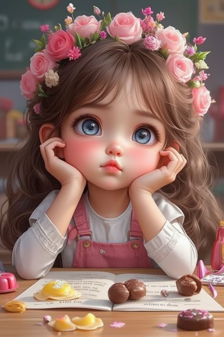 A beautiful,  lovely,  and charming girl with striking blue round eyes sits at her school desk by Tammy on Tensor.Art