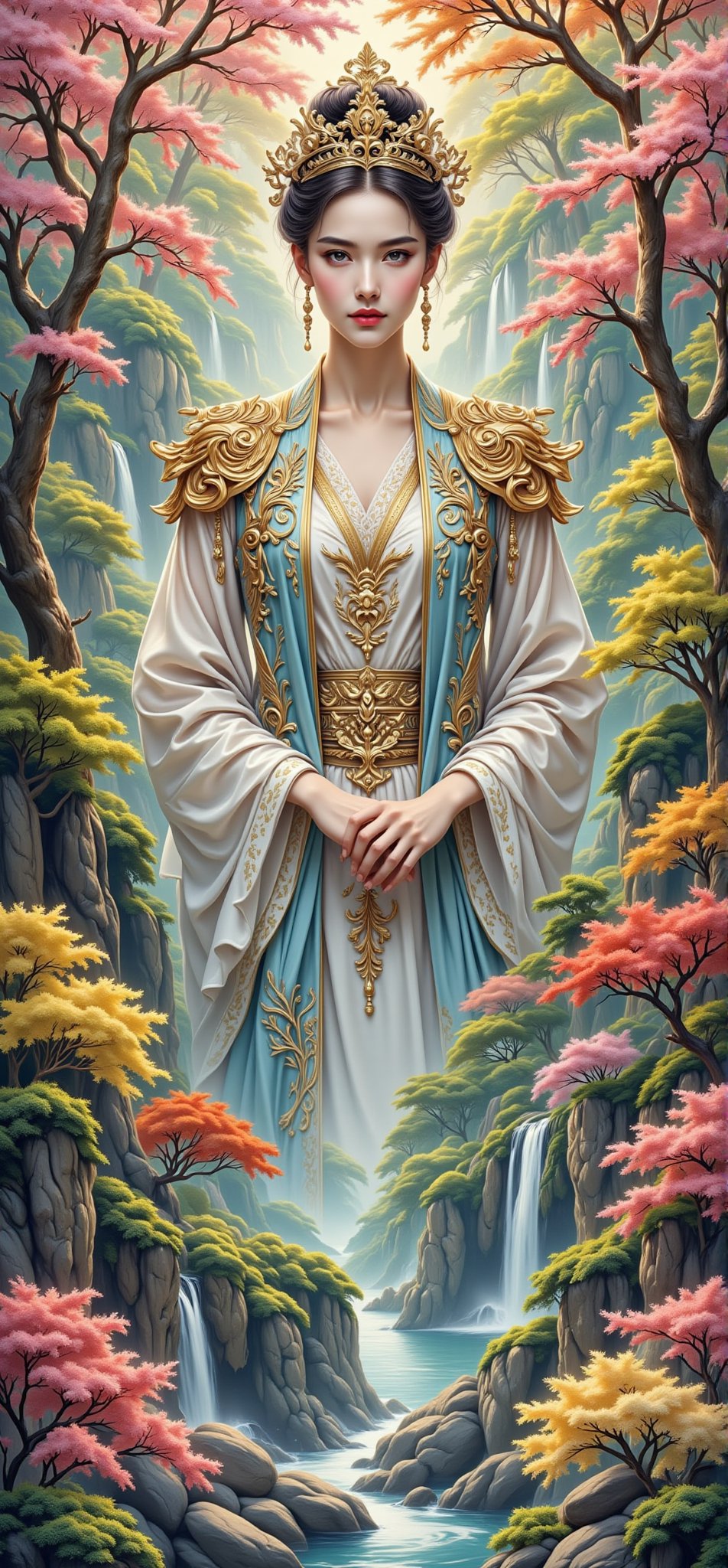 A serene spring morning unfolds as a majestic figure emerges from a tapestry of vibrant forest hues. Soft focus envelops t...
