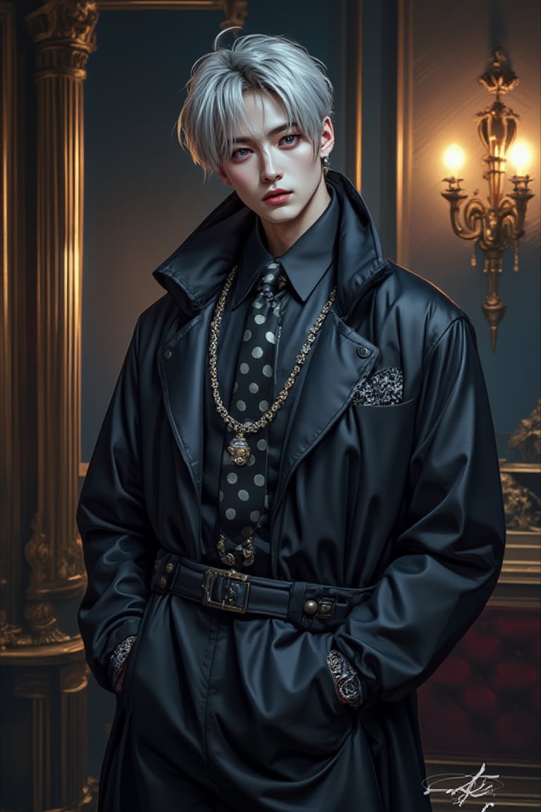 An anime-style medium shot of a solo singer with a naughty,  French gentleman vibe. He has short silver hair,  piercing bl...
