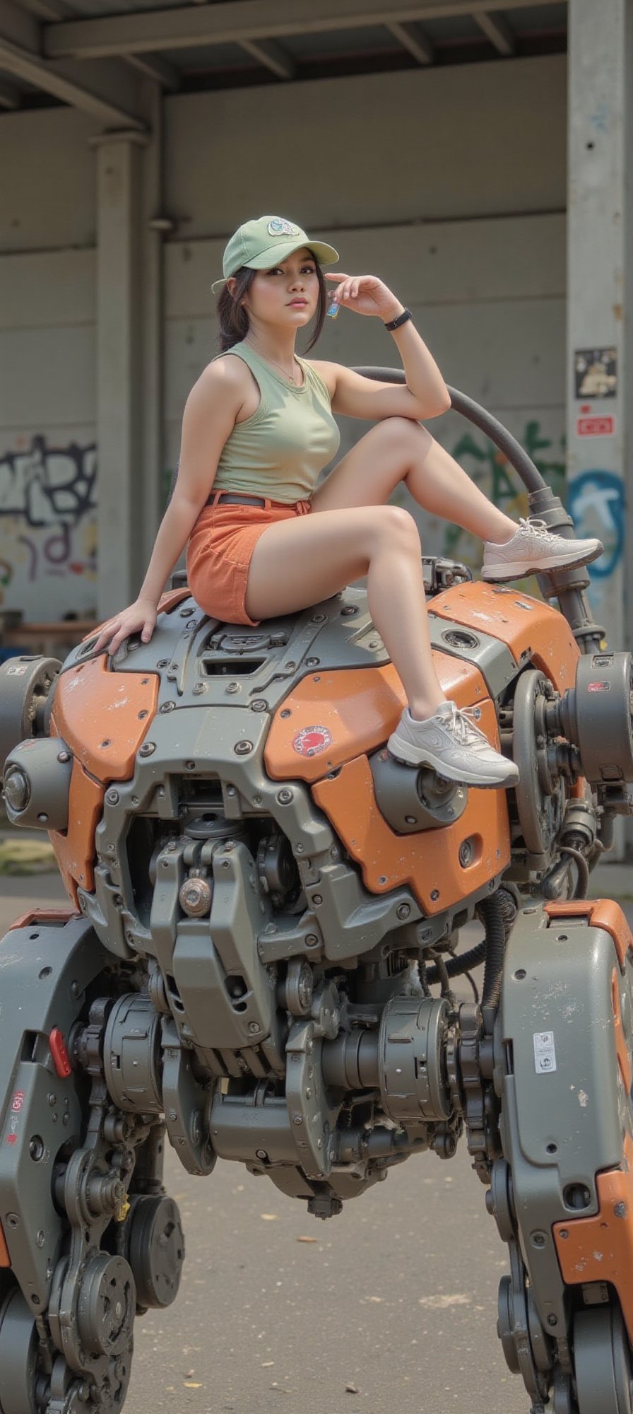 a person sitting on top of a large,  mechanical robot in an industrial setting. The person is wearing a light green cap,...