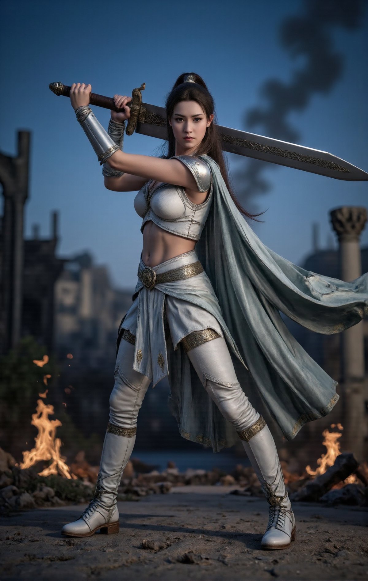 Cinematic close-up of a fearless warrior girl brandishing a colossal sword adorned with ancient patterns. Her striking whi...