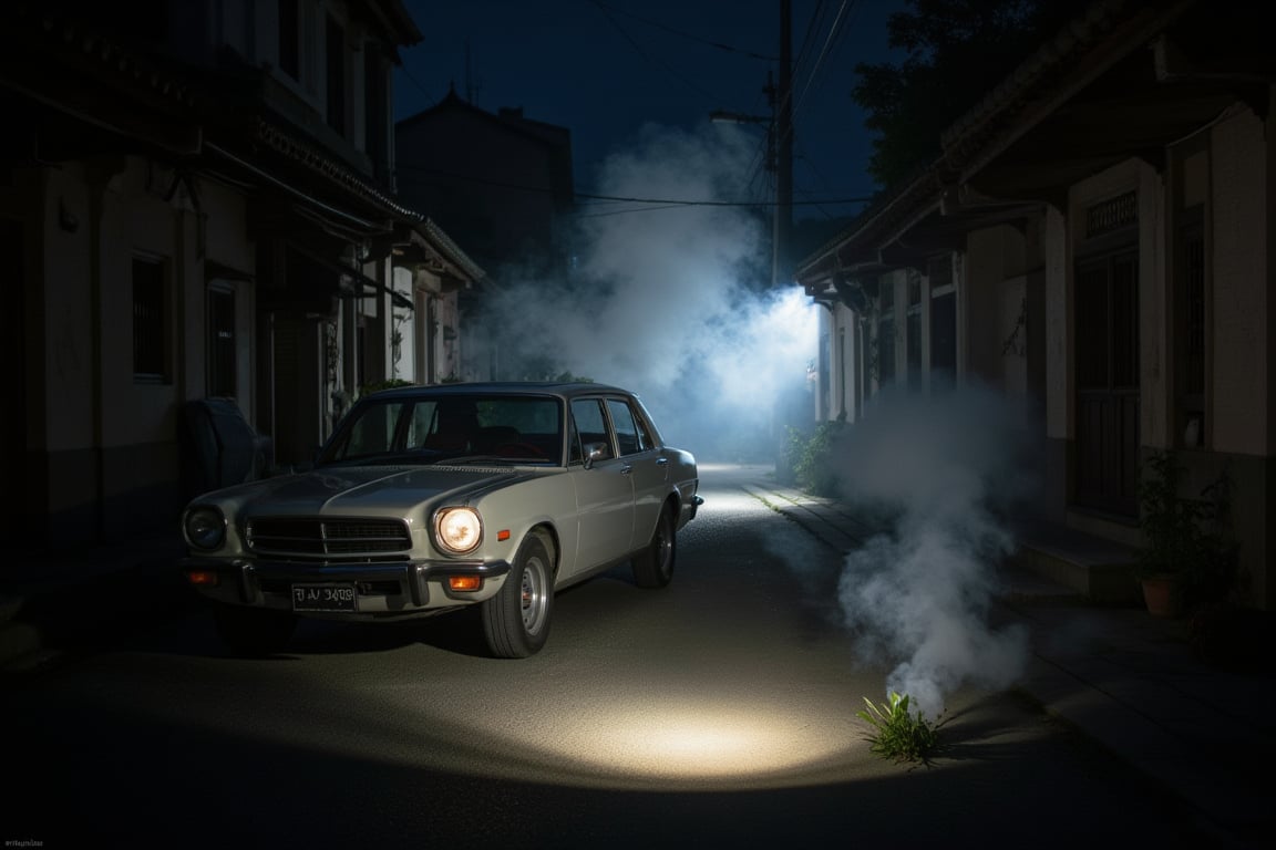 x50style car  lit by a spot light in the middle of the Korean ancient town, smokes, SPOT