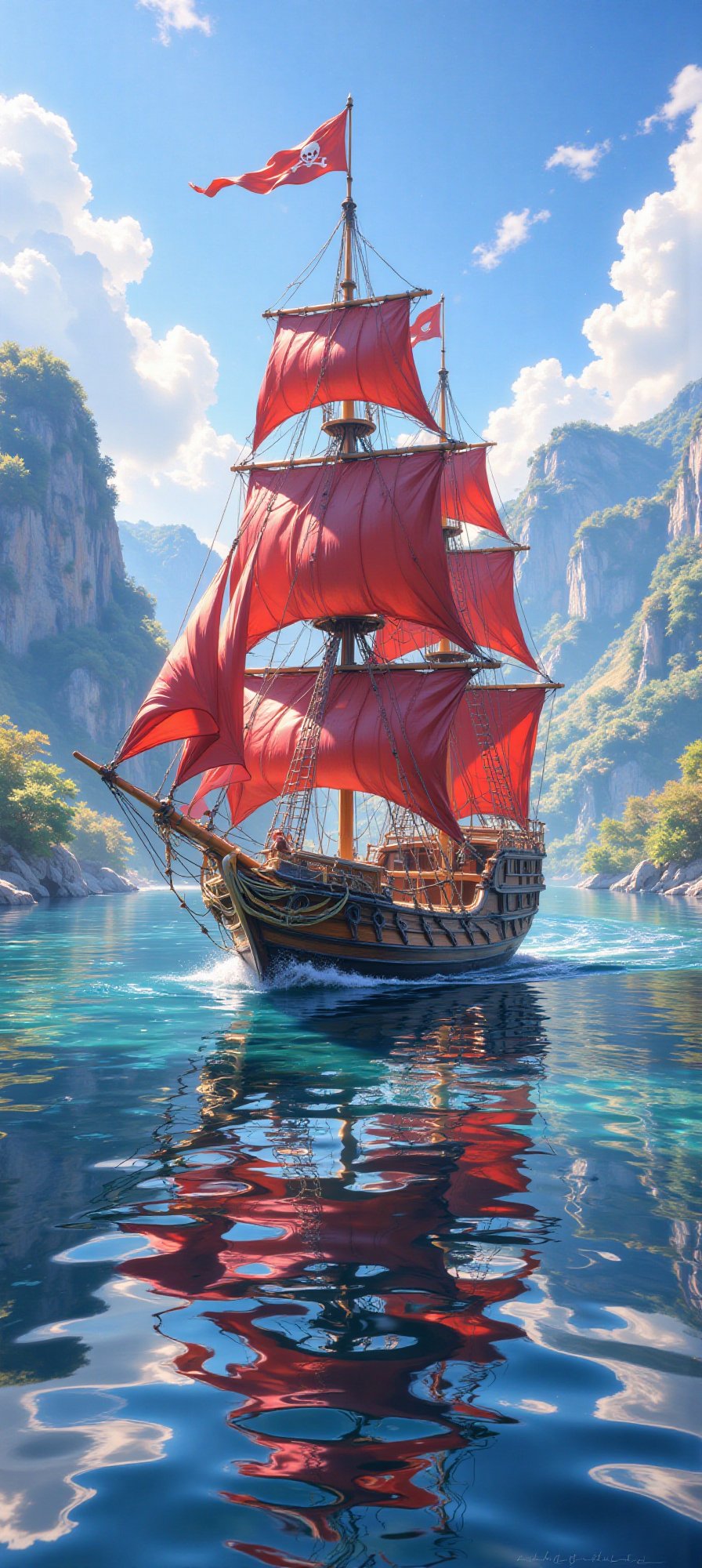 A majestic pirate ship with red sails is sailing on calm waters,  reflecting the vibrant colors of the ship and the surrou...