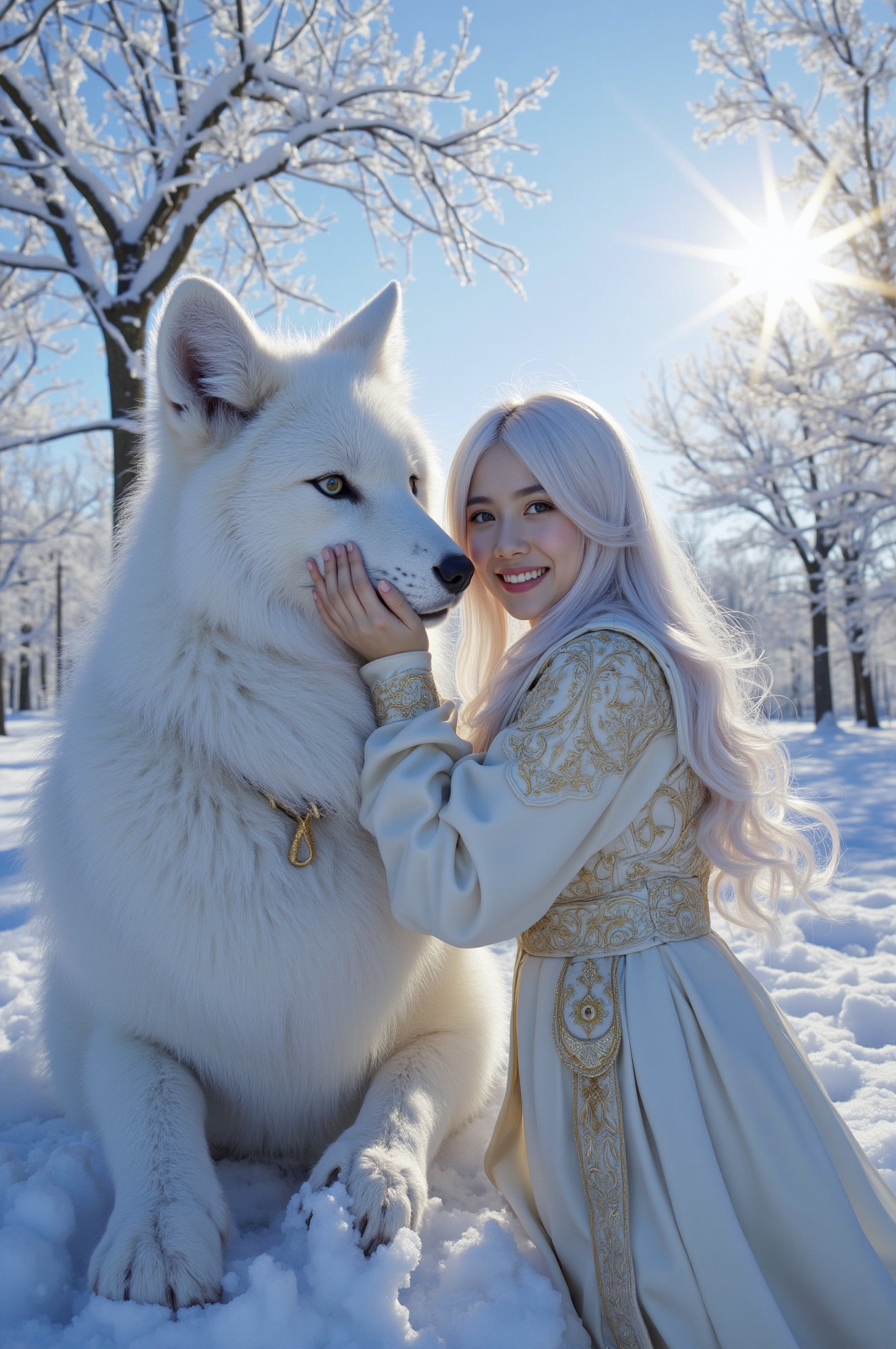 As dawn breaks over the frost-covered landscape,  a serene girl stands among trees adorned with rime ice. Her long,  white...