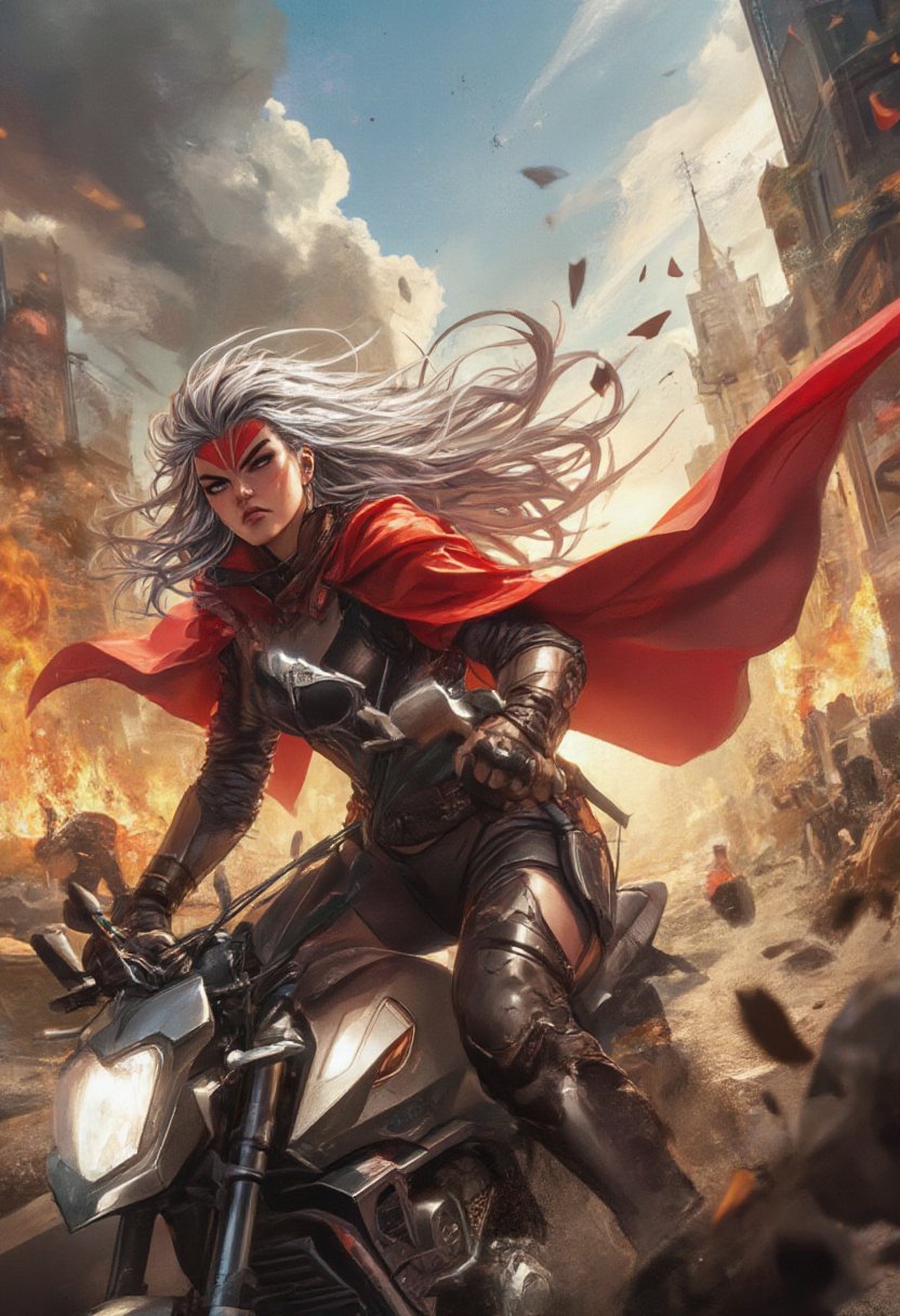 Close-up shot of the warrior girl's determined face as she strikes the red stripes of the Warrior Mark on her forehead, wind whipping her flowing white hair. She wears sleek futuristic armor beneath her crimson red coat, which billows behind her like a cape. Amidst the chaos of a burning cityscape, she rides her high-tech bike, smoke and flames engulfing the background as she charges forward.