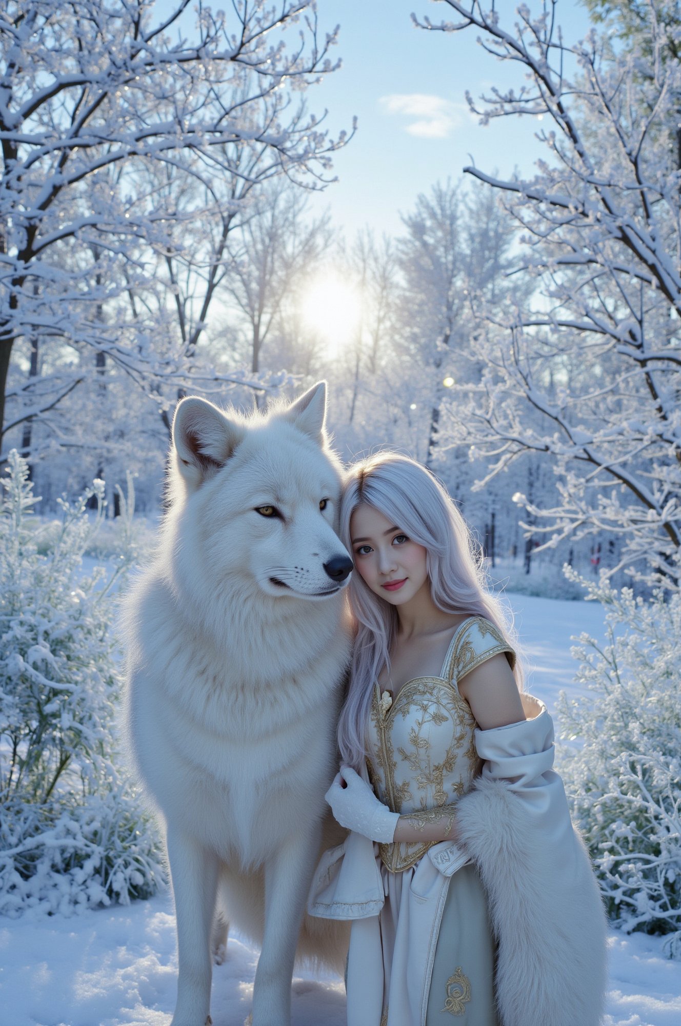 As dawn breaks over the frost-covered landscape,  a serene girl stands among trees adorned with rime ice. Her long,  white...