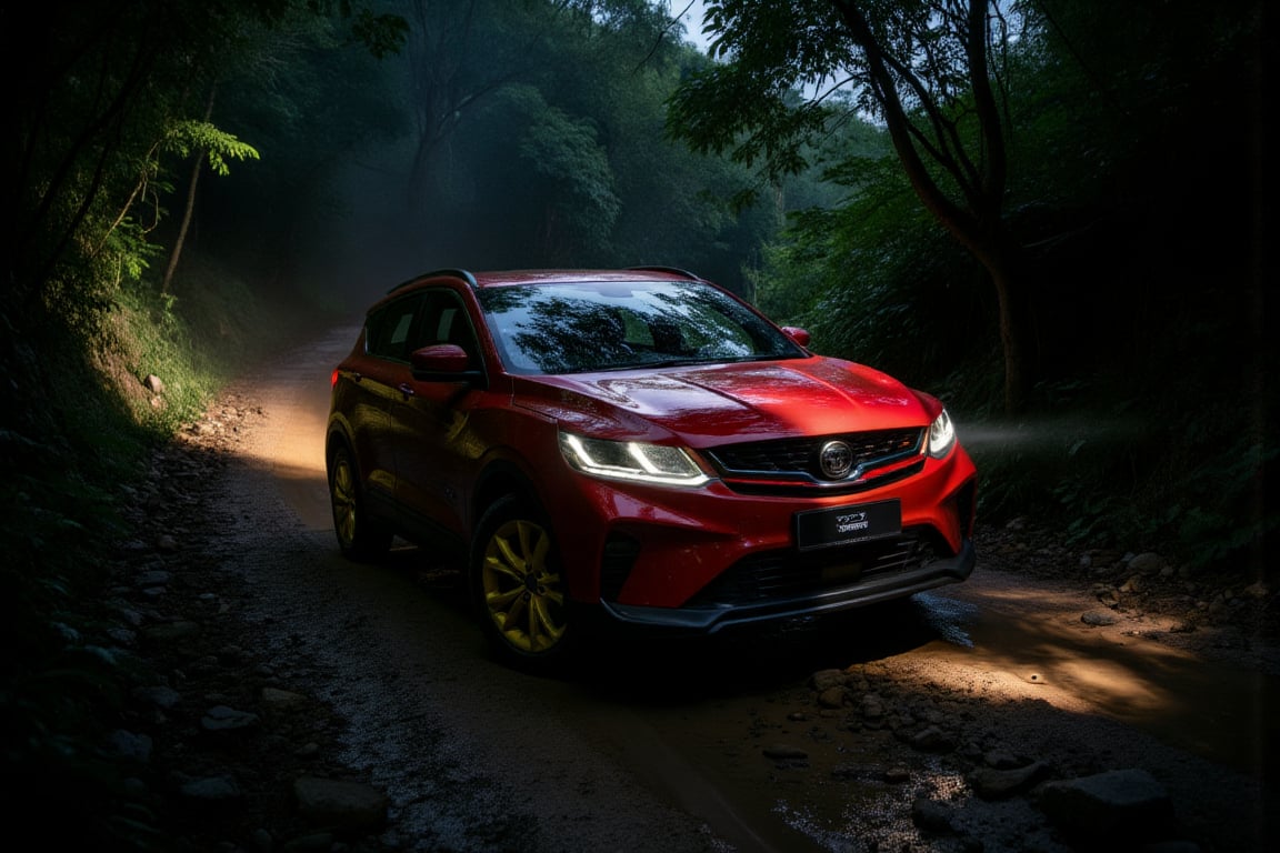 ((Ultra-realistic)) photo of red x50style lit by a flashlight, cornering and drifting beautifully at a mountain offroad muddy trail,splashing mud,Sports car,beautiful and complex racing livery,Yellow color,shiny spinning wheels,glossy Yellow alloy rims,bright turned on head lights,driver silhouette,driving at high speed,(backdrop of Detailed Realistic dark mountain offroad trail for speed race, at MERDEKA Skyscrapoer at Kuala Lumpur city,trees,rock,hill,cloud,mud,cluttered maximalism),depth of perspective,vehicle focus,sports car,(wide shot) studio lighting
BREAK
sharp focus,high contrast,studio photo,trending on artstation,rule of thirds,perfect composition,(Hyper-detailed,masterpiece,best quality,UHD,HDR,32K,shiny, glossy,reflective,kodachrome 800:1.3), ek_photo_b00ster,ek_car_b00ster,Mecha fighter,Super Sport Car,x50style,HDR,MERDEKA,FLASH,SHORT