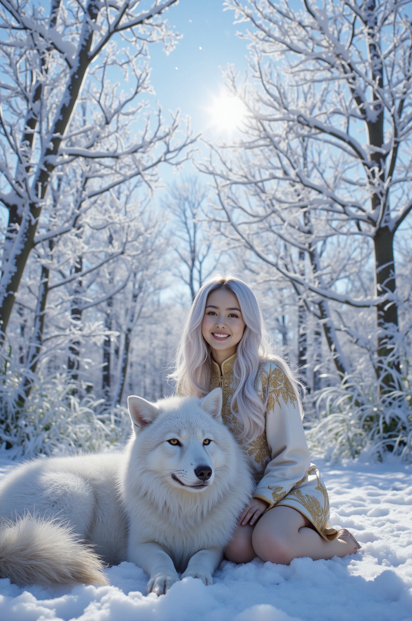As dawn breaks over the frost-covered landscape,  a serene girl stands among trees adorned with rime ice. Her long,  white...