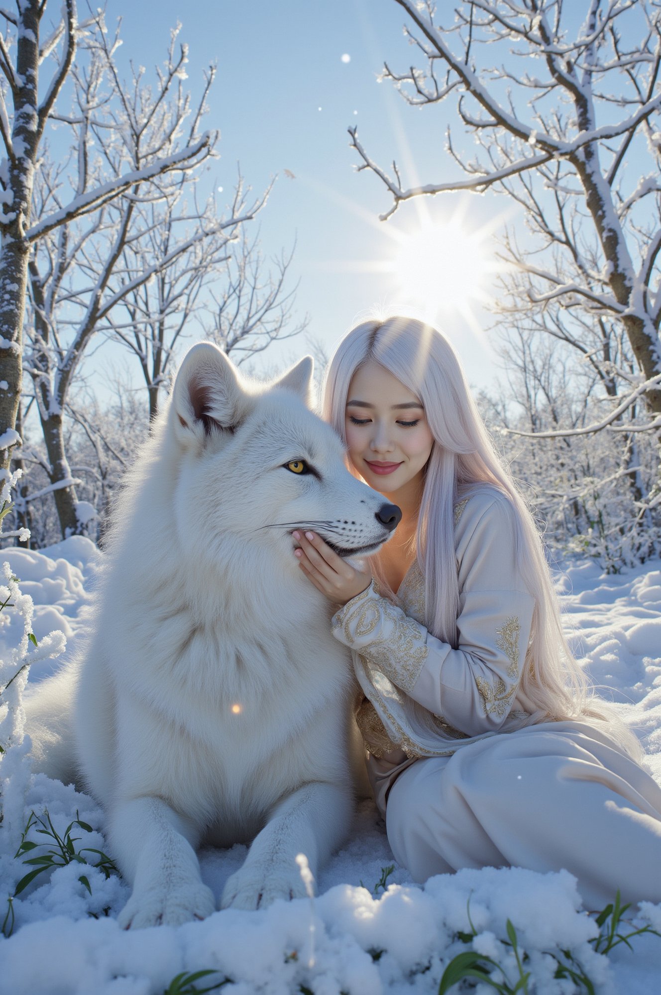 As dawn breaks over the frost-covered landscape,  a serene girl stands among trees adorned with rime ice. Her long,  white...