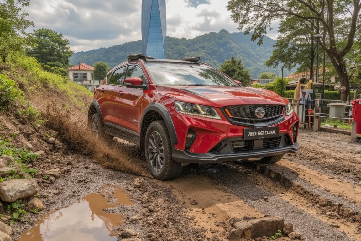 ((Ultra-realistic)) photo of red x50style cornering and drifting beautifully at a mountain offroad muddy trail,massive splashing mud,Sports car,beautiful and complex racing livery,Yellow color,shiny spinning wheels,glossy Yellow alloy rims,bright turned on head lights,driver silhouette,driving at high speed,(backdrop of Detailed Realistic mountain offroad trail for speed race, at MERDEKA Skyscrapper at Kuala Lumpur city,trees,rock,hill,cloud,mud,cluttered maximalism) in front of the mall,depth of perspective,vehicle focus,sports car,(wide shot)
BREAK
sharp focus,high contrast,studio photo,trending on artstation,rule of thirds,perfect composition,(Hyper-detailed,masterpiece,best quality,UHD,HDR,32K,shiny, glossy,reflective,kodachrome 800:1.3), ek_photo_b00ster,ek_car_b00ster,Mecha fighter,Super Sport Car,x50style,HDR,MERDEKA