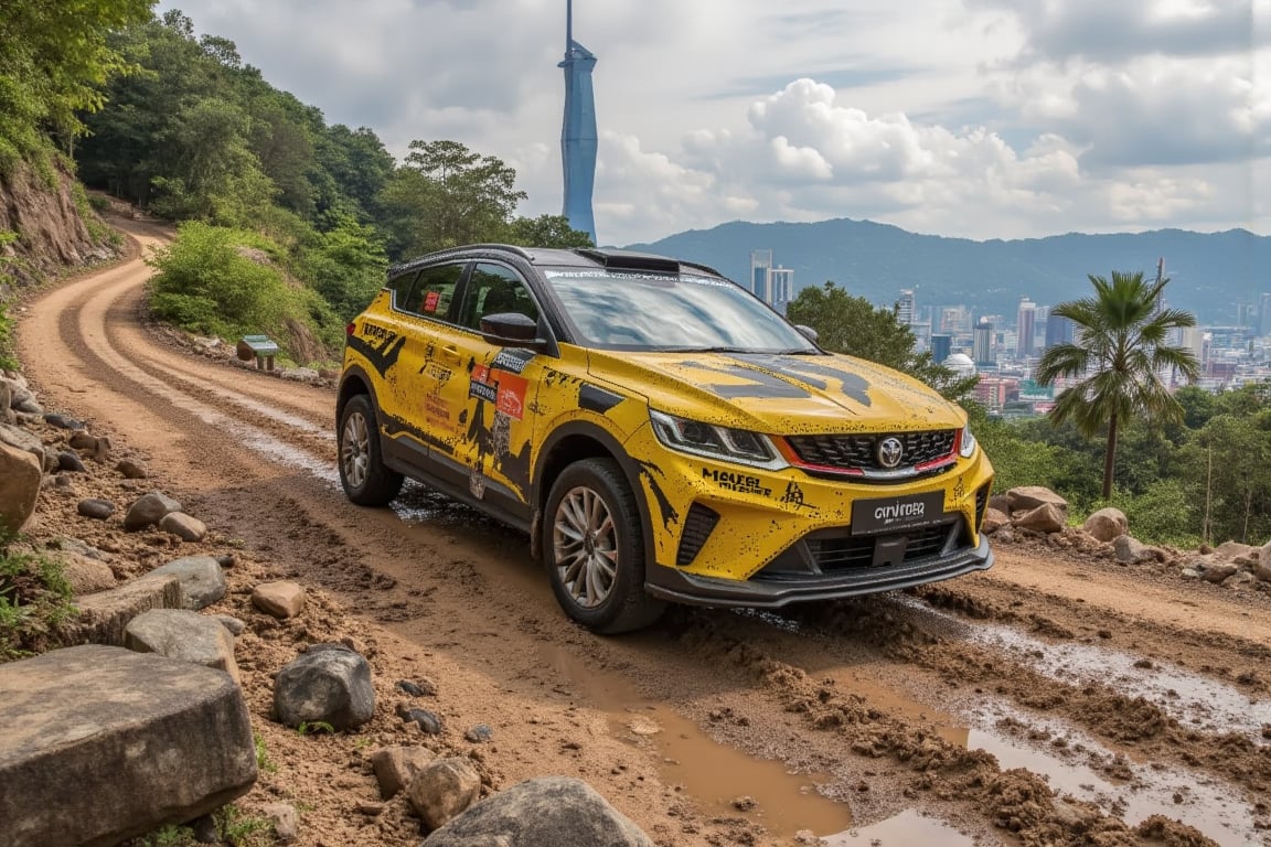 ((Ultra-realistic)) photo of red x50style cornering and drifting beautifully at a mountain offroad muddy trail,splashing mud,Sports car,beautiful and complex racing livery,Yellow color,shiny spinning wheels,glossy Yellow alloy rims,bright turned on head lights,driver silhouette,driving at high speed,(backdrop of Detailed Realistic mountain offroad trail for speed race, at MERDEKA Skyscrapoer at Kuala Lumpur city,trees,rock,hill,cloud,mud,cluttered maximalism),depth of perspective,vehicle focus,sports car,(wide shot)
BREAK
sharp focus,high contrast,studio photo,trending on artstation,rule of thirds,perfect composition,(Hyper-detailed,masterpiece,best quality,UHD,HDR,32K,shiny, glossy,reflective,kodachrome 800:1.3), ek_photo_b00ster,ek_car_b00ster,Mecha fighter,Super Sport Car,x50style,HDR,MERDEKA