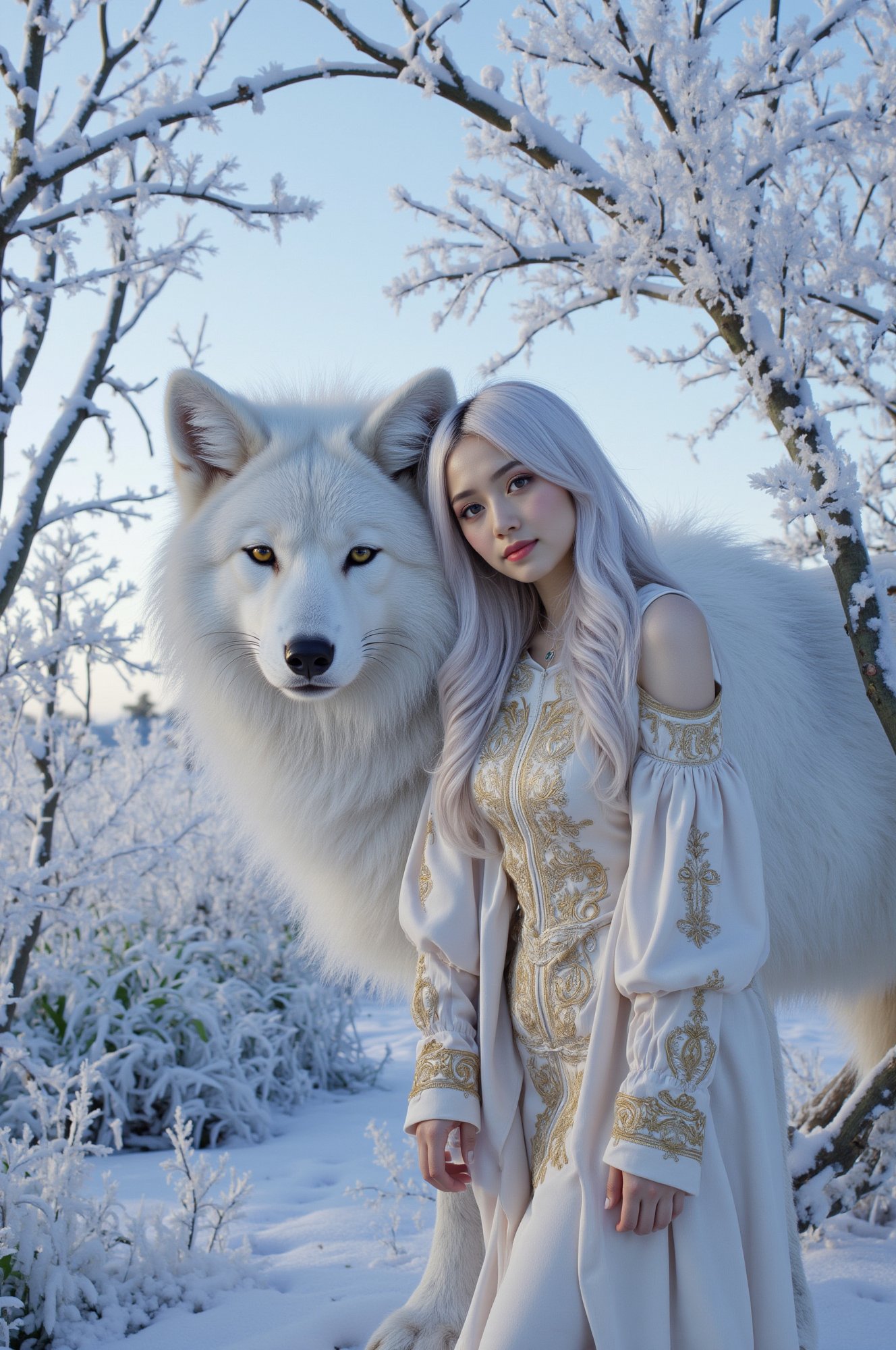 As dawn breaks over the frost-covered landscape,  a serene girl stands among trees adorned with rime ice. Her long,  white...