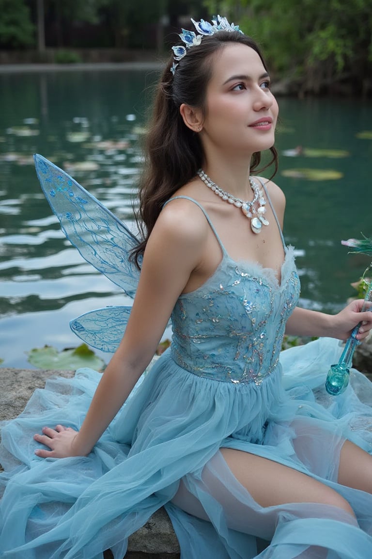 Capture a radiant portrait of a teenager, deep dimples,long wavy hair Beautiful! _Silvermist Costume Prompt:_ "Silvermist, the gentle and serene water fairy, floats amidst a shimmering, sink crystal-clear lake, surrounded by lily pads and delicate water lilies. Her flowing blue costume ripples like the water's surface. Costume details: - Flowing, wet, pale blue gown with wave-inspired patterns and iridescent accents - Silvermist's iconic water-inspired design elements: seashells, fish-scale trim, wet - Wings: translucent, blue-tinted with intricate, ripple patterns Accessories: - Delicate, sink, beaded necklace resembling water droplets - Water-lily crown or headpiece - Glowing, aquamarine wand Setting: - Serene, sink, moonlit lake with soft ripples and misty atmosphere - Soft, blue-green lighting with subtle shadows Props: - Water lilies or lotus flowers - Drifting, glowing water sparks - Shimmering, crystalline rocks Mood: - Calming, sink, peaceful, and ethereal Style: - Dreamy, whimsical, with a touch of elegance Keywords: - Halloween costume, Silvermist, blue, water fairy, lake, misty" Inspired by Disney's Tinkerbell and friends from pixie hollow