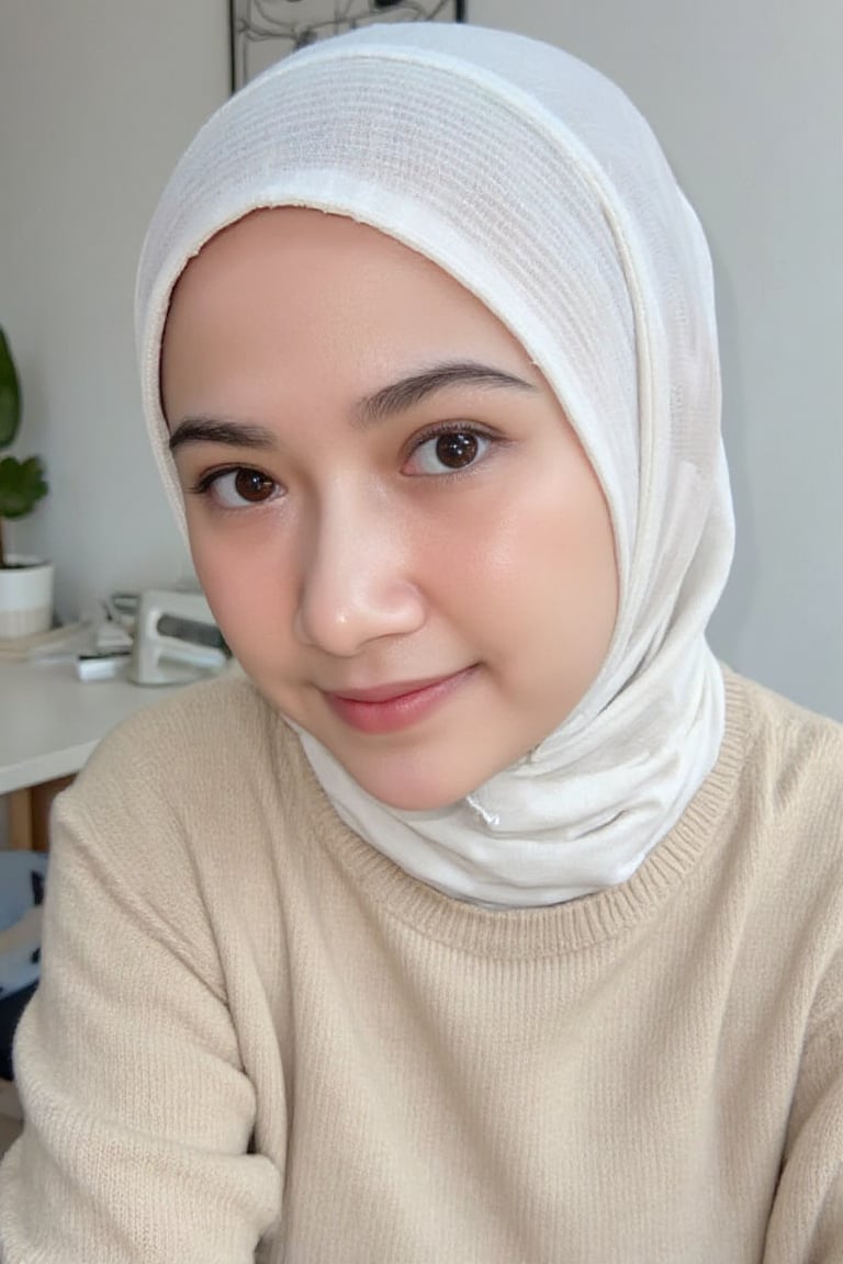 A close-up photo of AdelliaHalim with white hijab. She is looking at the viewer with bright and loving eyes. She is leaning forwardal. Close-up of face, very detailed. She is wearing a perfect beige soft sweater in a white room with a few decoration. Hasselblad H6D-400c MS, low exposure, high contrast, ISO 100, with a 120mm macro lens.