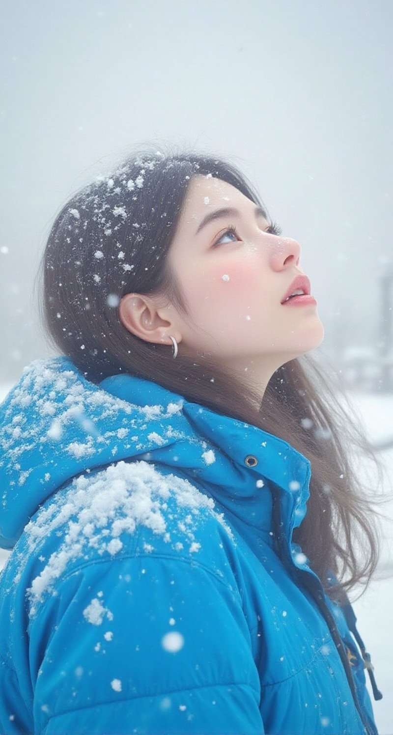 Side view of a woman looking up,  mouth slightly open,  catching a snowflake. She is wearing a heavy-duty by AiMaster on T...