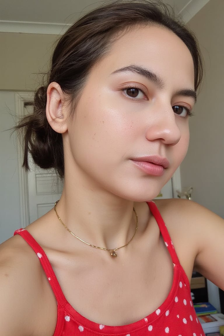 An image of a young woman PevitaPearce with a soft, natural complexion and a low bun hairstyle, featuring loose strands of hair on the right side of her face. She poses semi-profile, facing slightly to the right, with her gaze meeting the camera. She wears a sleeveless red top with a small white dot pattern and a delicate gold necklace. The lighting is soft and natural, accentuating her thoughtful expression, against a softly blurred background.