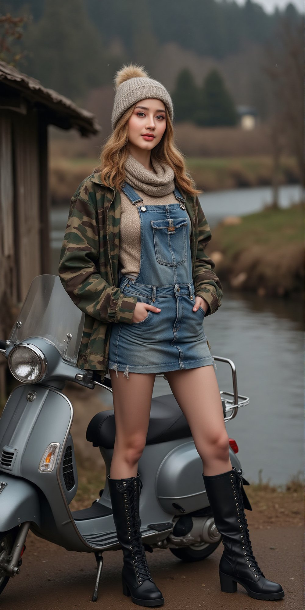 Striking supermodel stands confidently with legs slightly apart,  hands in pockets,  and a hint of nonchalance as she lean...