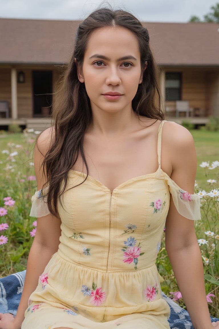 A portrait of a woman PevitaPearce seated amidst a field of flowers, with a rustic wooden house in the background. The woman is wearing a floral dress with off-the-shoulder sleeves and a corset-style bodice. Her voluminous long hair cascades around her face, and she is looking directly at the camera with a confident expression. The colors in are soft and pastel, with the woman's dress being a pale yellow with floral patterns and the flowers in shades of pink, and white. The overall mood of serene and contemplative.