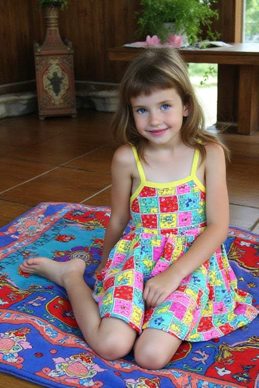 Jessica,  1girl,  9 years old. Jessica sitting on a rug inside a traditional Russian house. by Gengis Kan on Tensor.Art