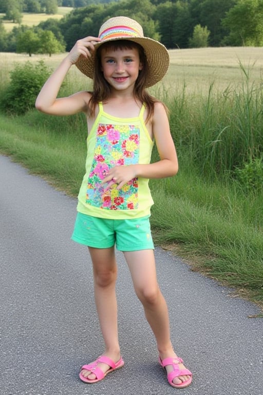 Jessica,  1girl,  9 years old. Jessica in a yellow shirt and green shorts with pink sandals. She has a straw hat on her he...